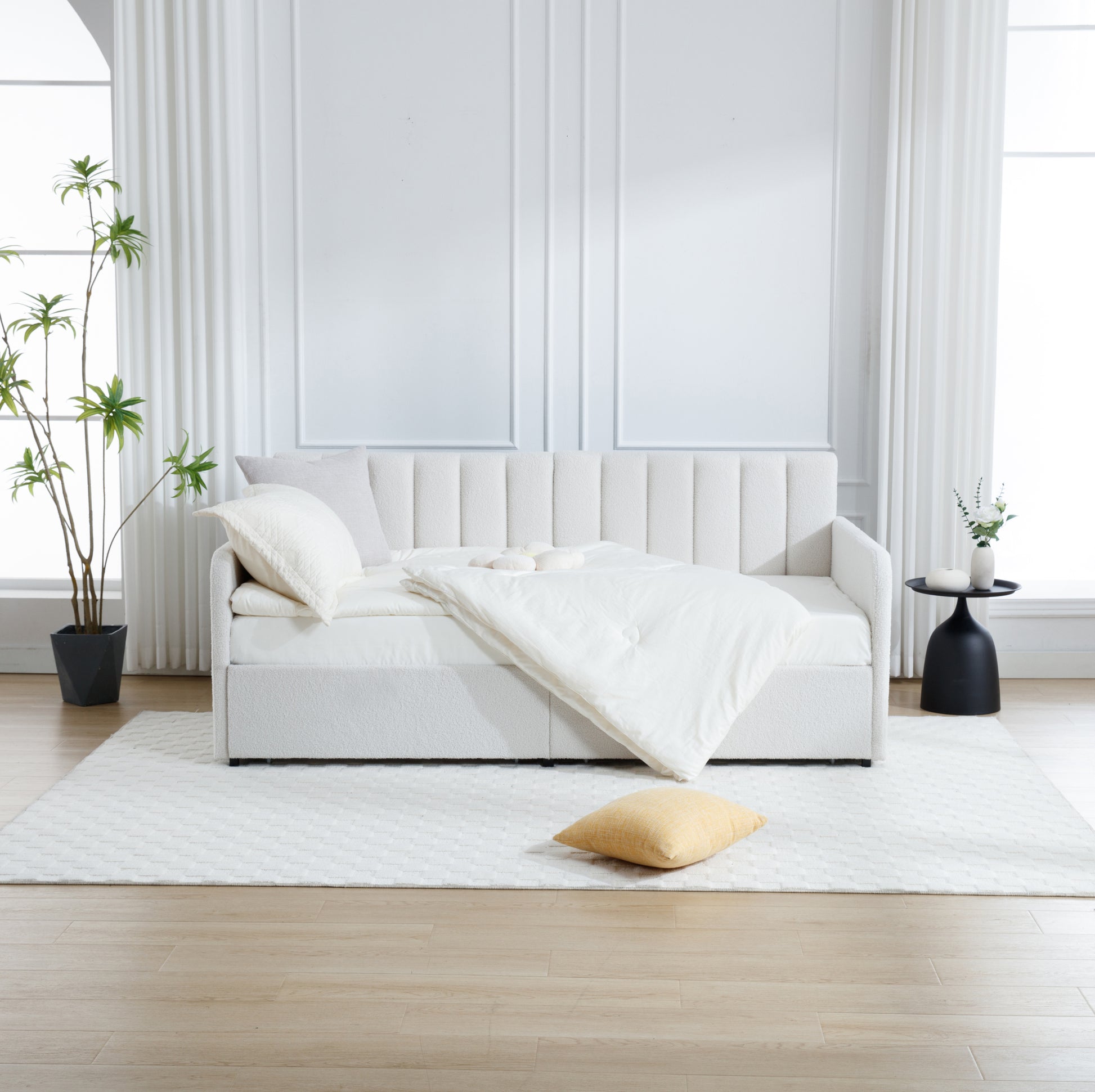 Flora Upholstered Daybed With 2 Drawers, Twin, Ivory Boucle, Ribbed Tufted Backrest, Daybed In Lavish Modern Design Box Spring Not Required Twin Ivory Metal Bedroom Classic,Contemporary,Minimalist,Traditional,Transitional Upholstered Upholstered