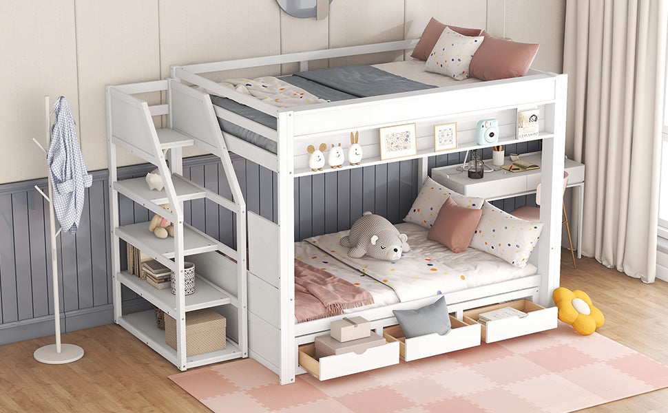 Wood Full Size Convertible Bunk Bed With Storage Staircase, Bedside Table, And 3 Drawers, White White Solid Wood Mdf