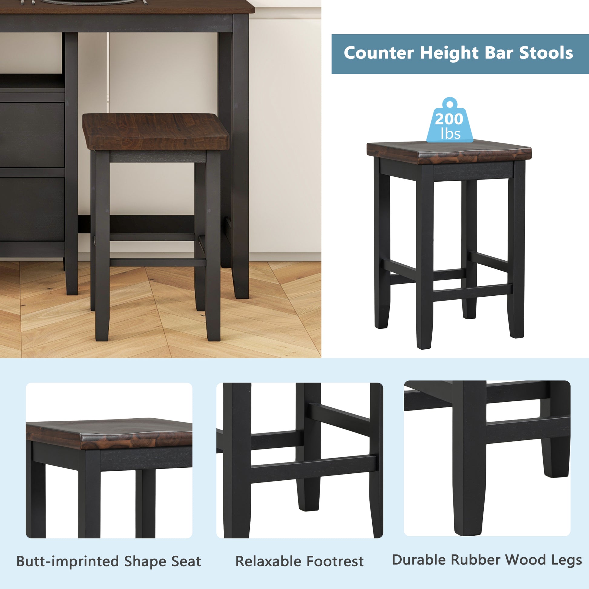 Farmhouse Rustic 3 Piece Counter Height Wood Dining Table Set With Cabinet,2 Storage Drawers And 2 Stools For Small Places,Black Cherry Wood Wood Cherry Seats 2 Wood Dining Room Farmhouse Rubberwood Rectangular Foam Solid Wood