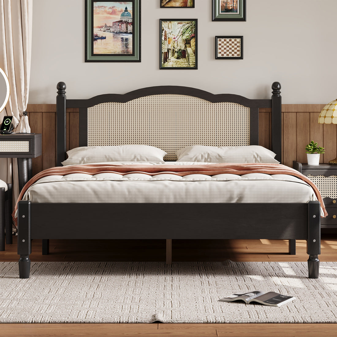 Queen Size Wooden Platform Bed With Natural Rattan Headboard, Vintage Bed Frame With Wooden Slat Support, Black Expected Arrival Time: 08.23 Box Spring Not Required Queen Black Wood