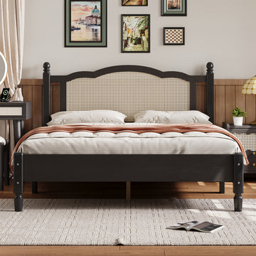 Queen Size Wooden Platform Bed With Natural Rattan Headboard, Vintage Bed Frame With Wooden Slat Support, Black Expected Arrival Time: 08.23 Box Spring Not Required Queen Black Wood