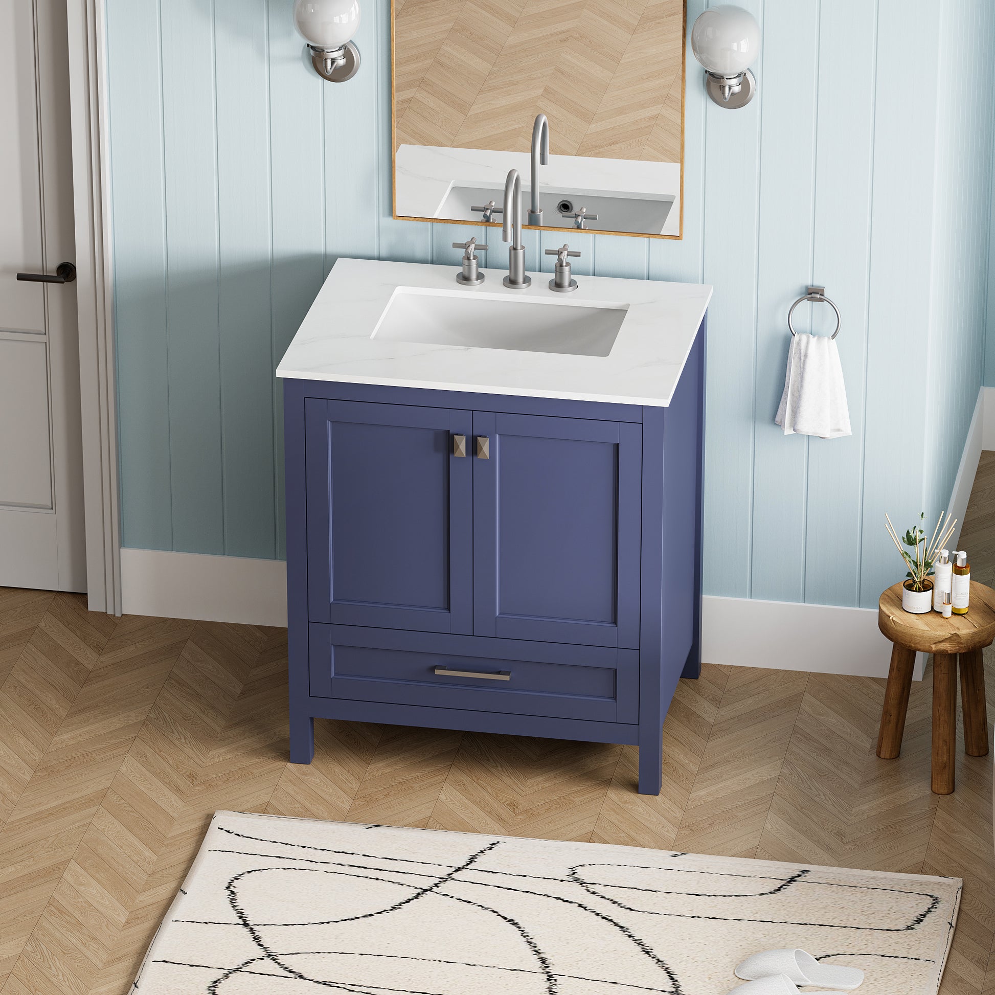 30 Inch Freestanding Bathroom Vanity With Sink, Carrara Engineered Marble Vanity Top With Undermounted Rectangular Ceramic Sink, Large Storage Soft Close Door, Navy Blue 24V03 30Nb Navy Blue Wood