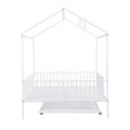 Full Size Metal House Bed With Fence, With Trundle, White Full White Metal