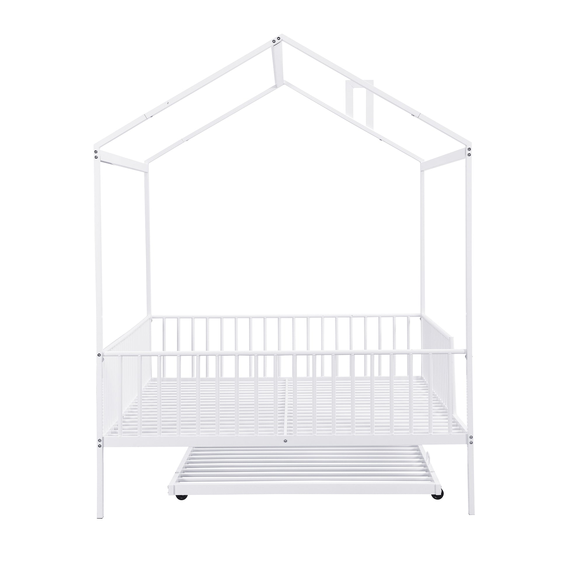 Full Size Metal House Bed With Fence, With Trundle, White Full White Metal