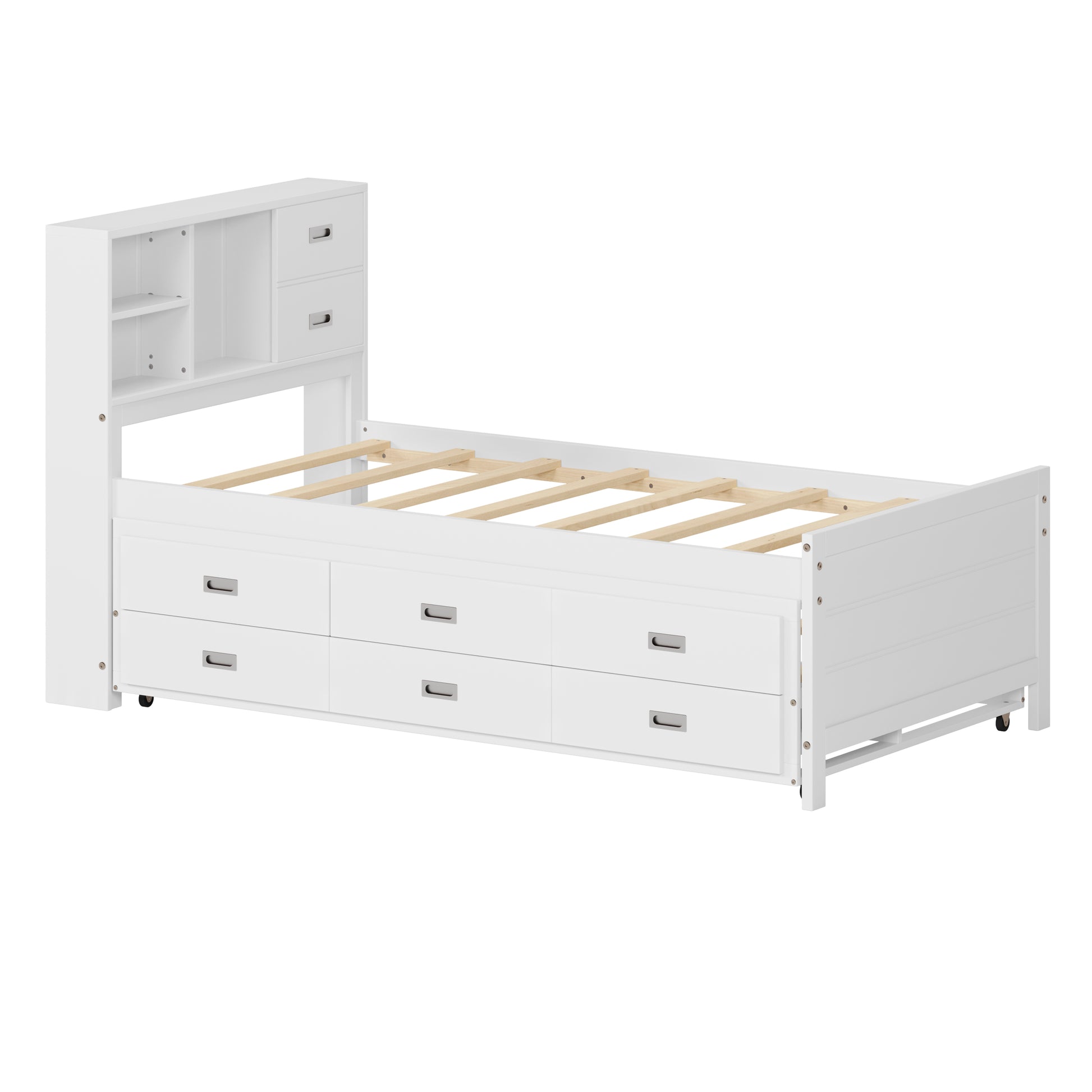 Twin Size Captain Bed With Storage Bookcase Headboard,Captain Bed With Trundle And Three Storage Drawers For Kids Teens Dorm Bedroom Multipurpose Guest Room Or Home, White Box Spring Not Required Twin White Wood Solid Wood Mdf