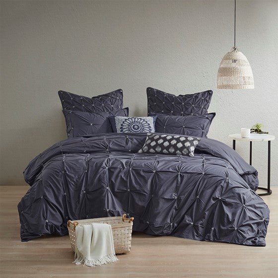 3 Piece Elastic Embroidered Cotton Duvet Cover Set Queen Dark Navy Cotton