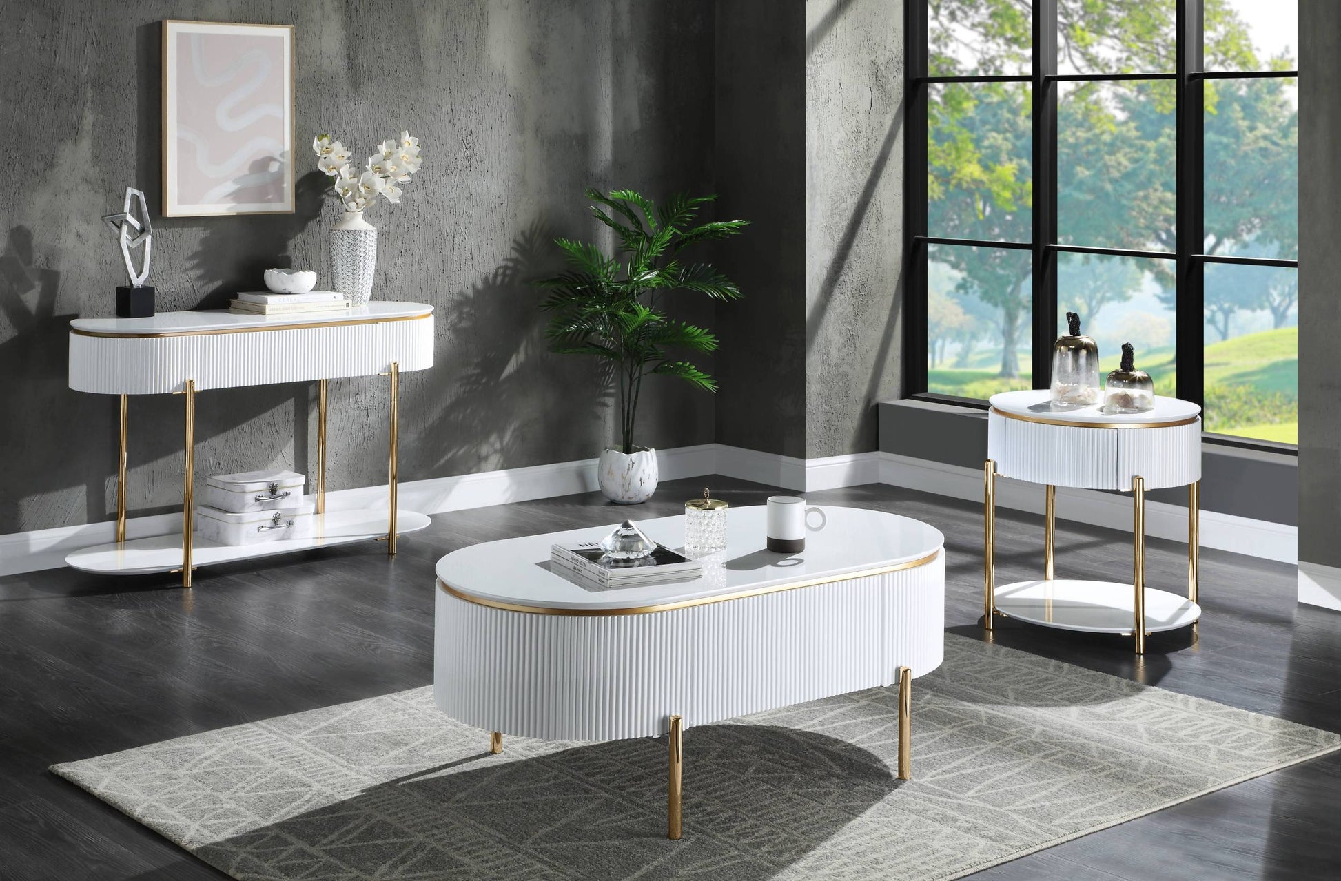White High Gloss And Gold 1 Shelf Coffee Table White Gold Primary Living Space Drawers Rectangular Wood Metal