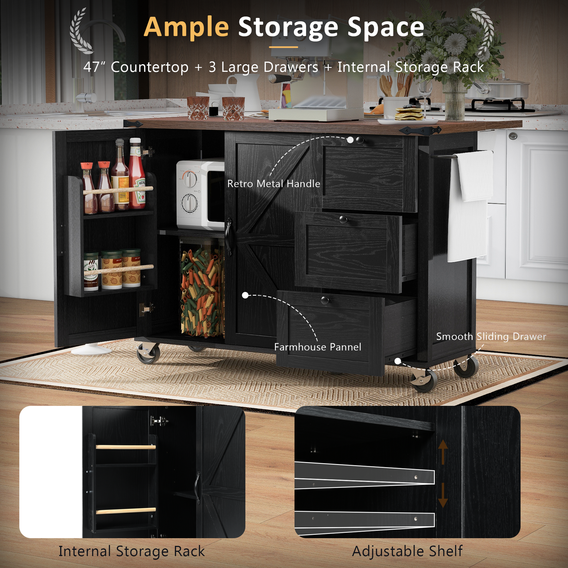 K&K 54.5" Farmhouse Kitchen Island With Power Outlet, Kitchen Storage Island With Internal Storage Rack, Drop Leaf, Spice Rack, Rolling Kitchen Cart On Wheels, For Home, Kitchen And Dining Room,Black Black Brown Kitchen Classic,Farmhouse,Luxury,Modern