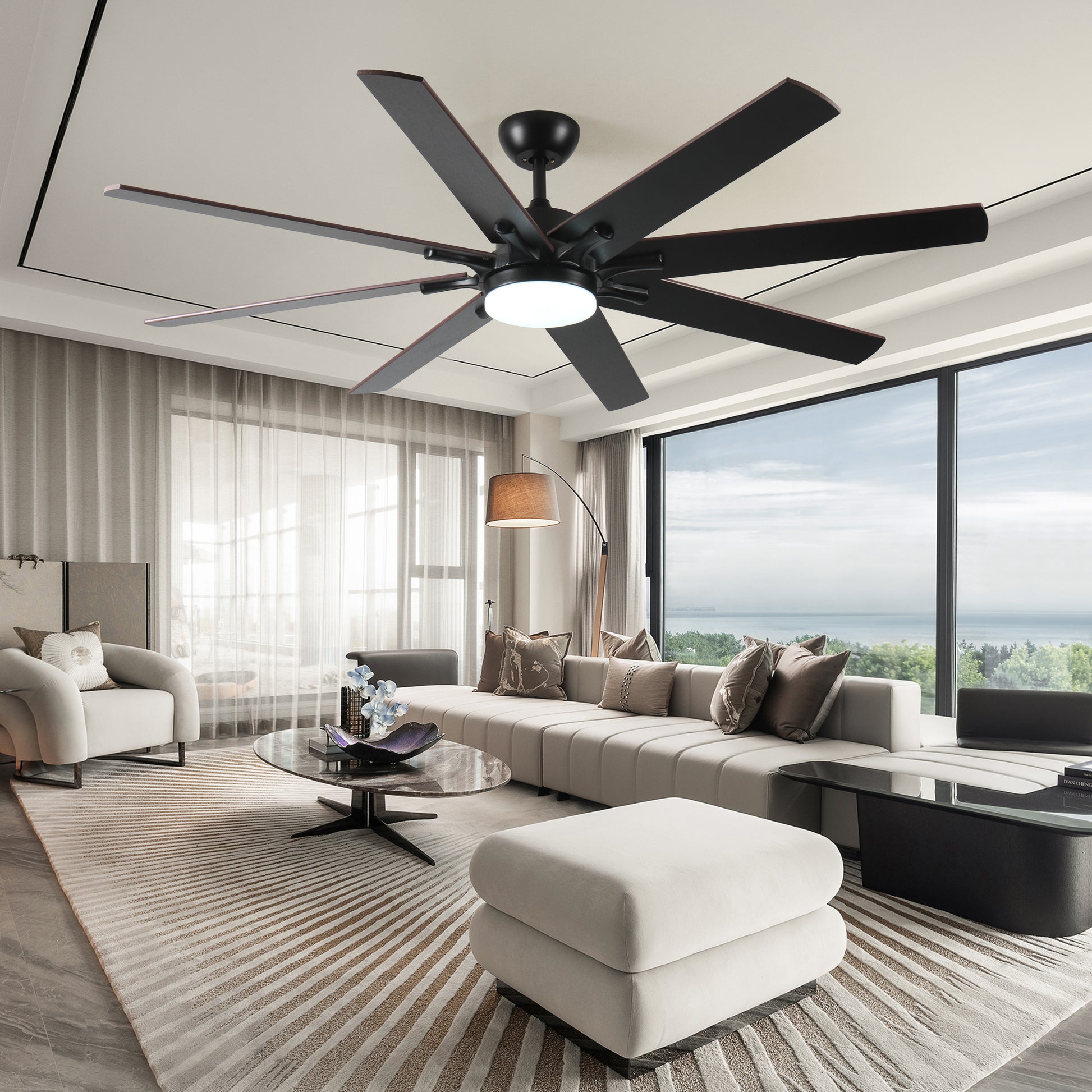 72 Inch Large Ceiling Fans With Lights And Remote, Indoor Outdoor Black Modern Ceiling Fan For Kitchen Living Room Patio, 6 Speed Reversible Quiet Dc Motor, Dual Finish 8 Blades Black Dark Walnut