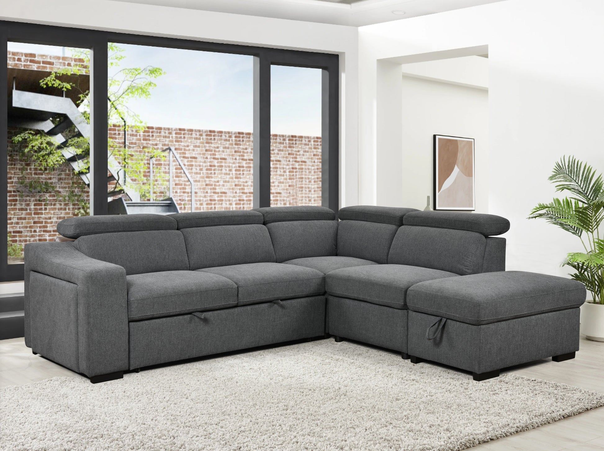 105"L Shape Sectional Sofa With Pull Out Bed And Ottoman Storage Space, Convertible Sleeper Couch, Arm With 1 Cup Holders And Wirelessly Charged, For Living Room, Apartment, Dark Gray Light Brown