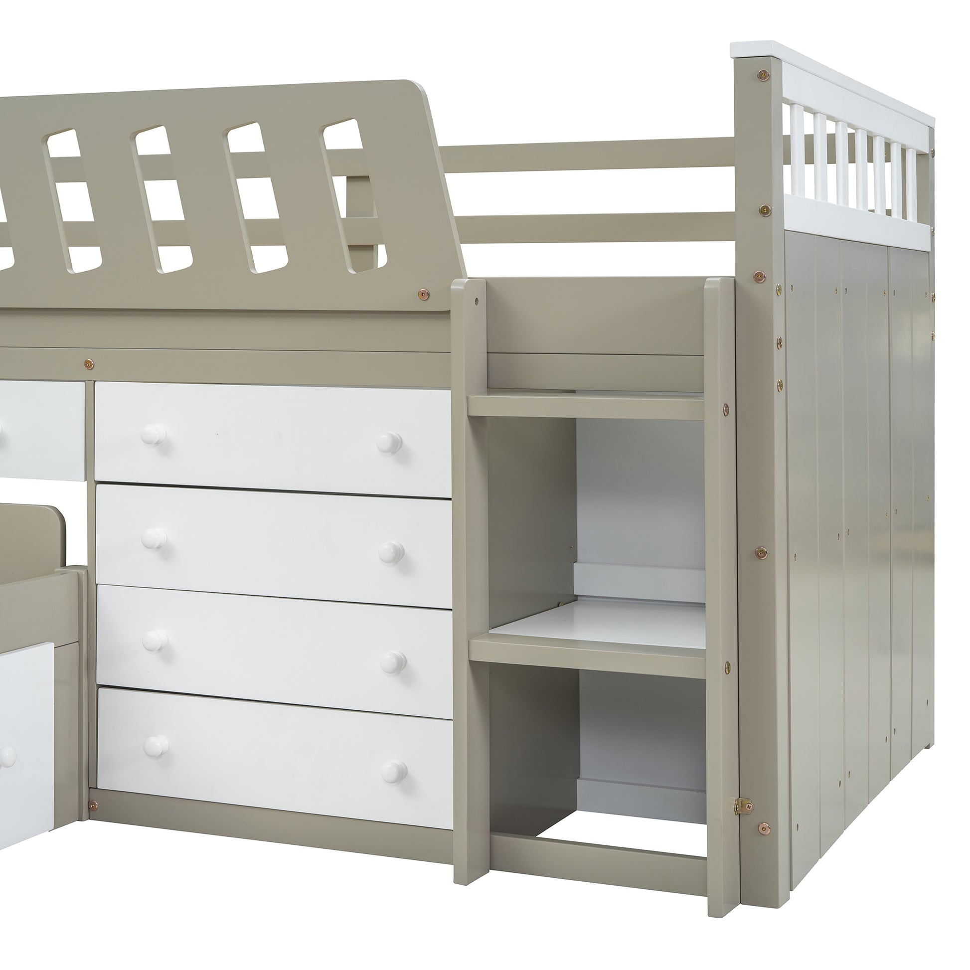 L Shaped Space Saving Twin Loft And Twin Platform Bed With 7 Drawers And Full Guardrails White Light Brown Twin Brown White Solid Wood
