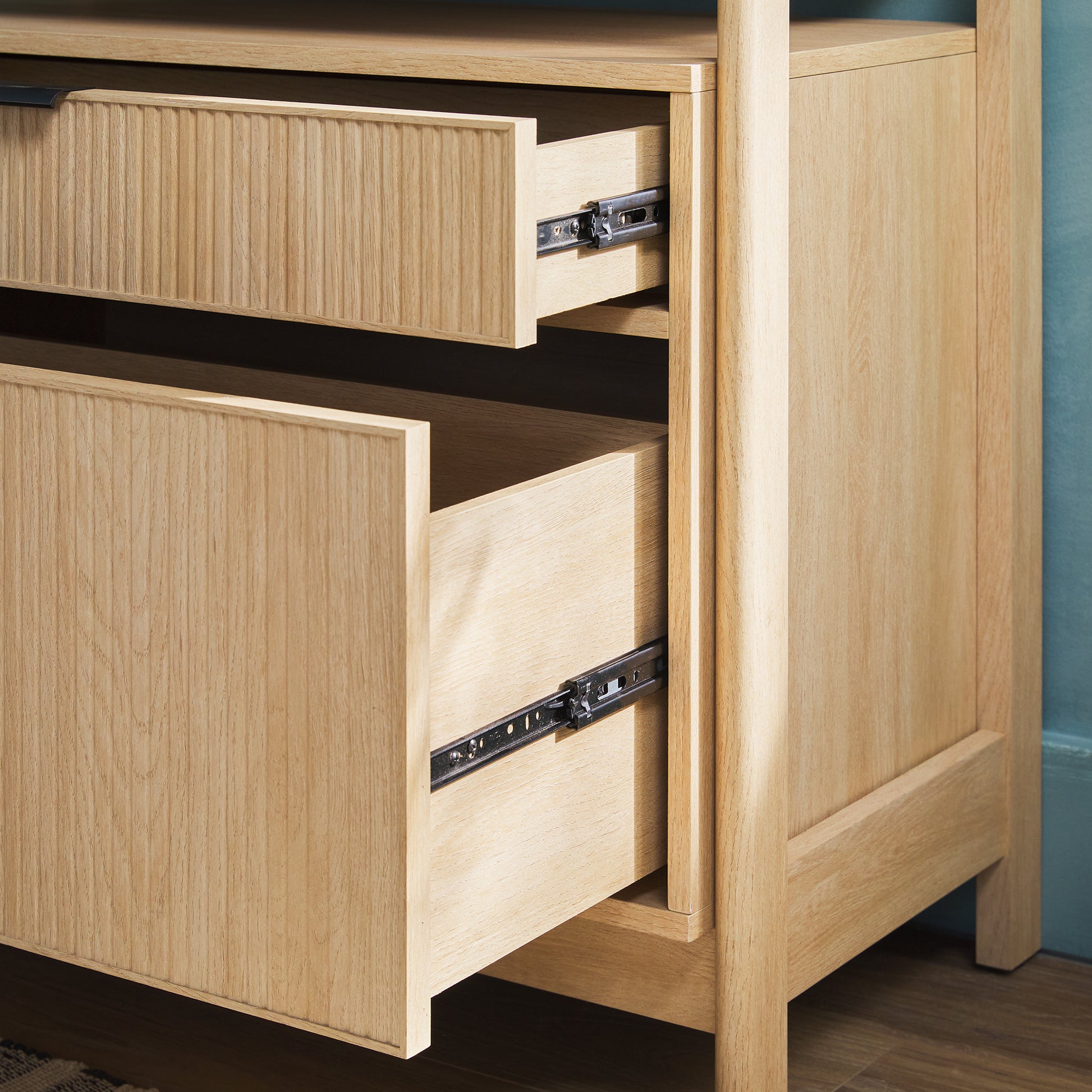 Transitional Wide Reeded Bookshelf With Drawers On Bottom Oak Oak Mdf Mdf