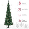 Homcom 6.5 Foot Pencil Artificial Christmas Tree, Slim Pine Needles Xmas Tree With Realistic Branches, Pine Cones, Metal Base, Green Green Plastic