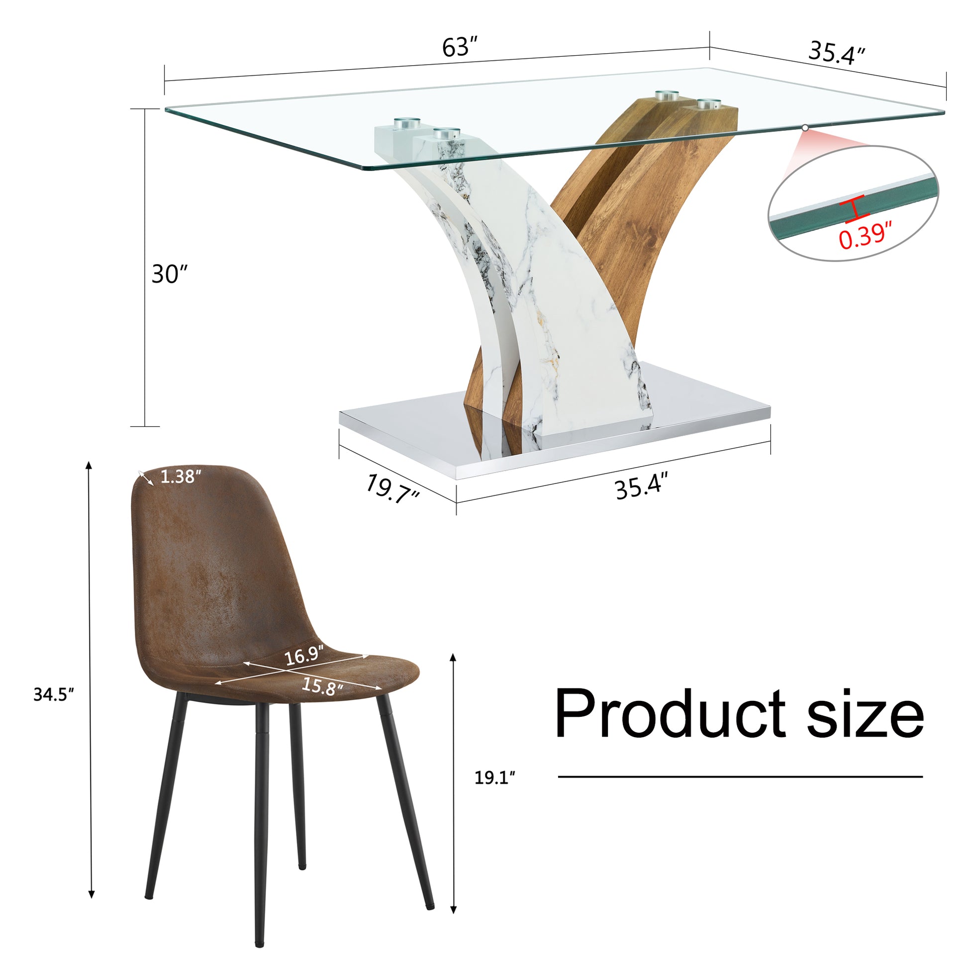 Table And Chair Set.Modern Dining Table, Tempered Glass Countertop With Artistic Mdf Legs.Paried With 4 Brown Chairs With Soft Linen Fabric Cushions And Black Metal Legs.Suitable For Various Styles. Black Brown,Transparent Seats 4 Mdf Metal
