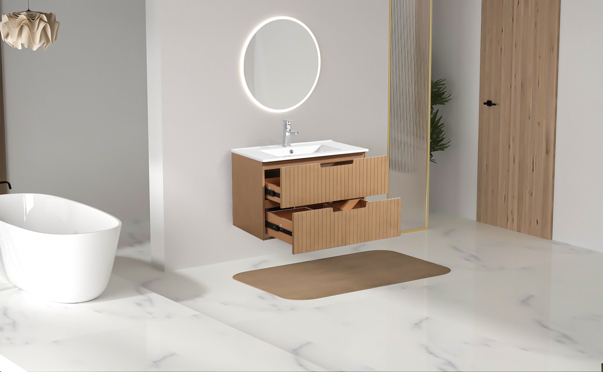 30 Inch Floating Bathroom Vanity With Ceramic Sink, Modern Bath Storage Cabinet Vanity With Drawers Wall Mounted Combo Set For Bathroom, Light Brown Light Brown Mdf