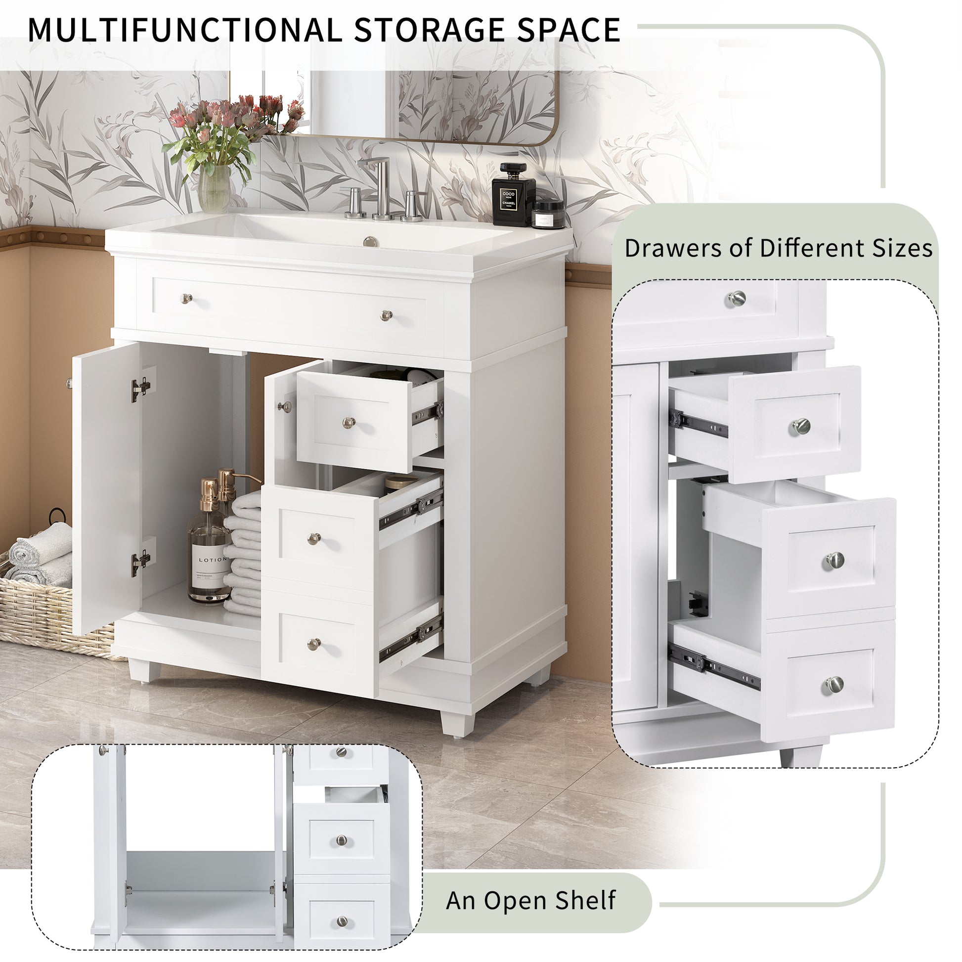 30" Bathroom Vanity Cabinet With Sink Combo Set, Undermount Resin Sink, Free Standing Vanity Set With 2 Drawers& Soft Closing Doors, Solid Wood Frame Bathroom Cabinet, White 2 White 2 1 Bathroom Freestanding Solid Wood Mdf Resin Painted