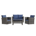 4 Piece Outdoor Patio Furniture Set, Outdoor Sectional Sofa With Tempered Glass Coffee Table And Cushions, Wicker Rattan Patio Set Blue Rattan Fabric