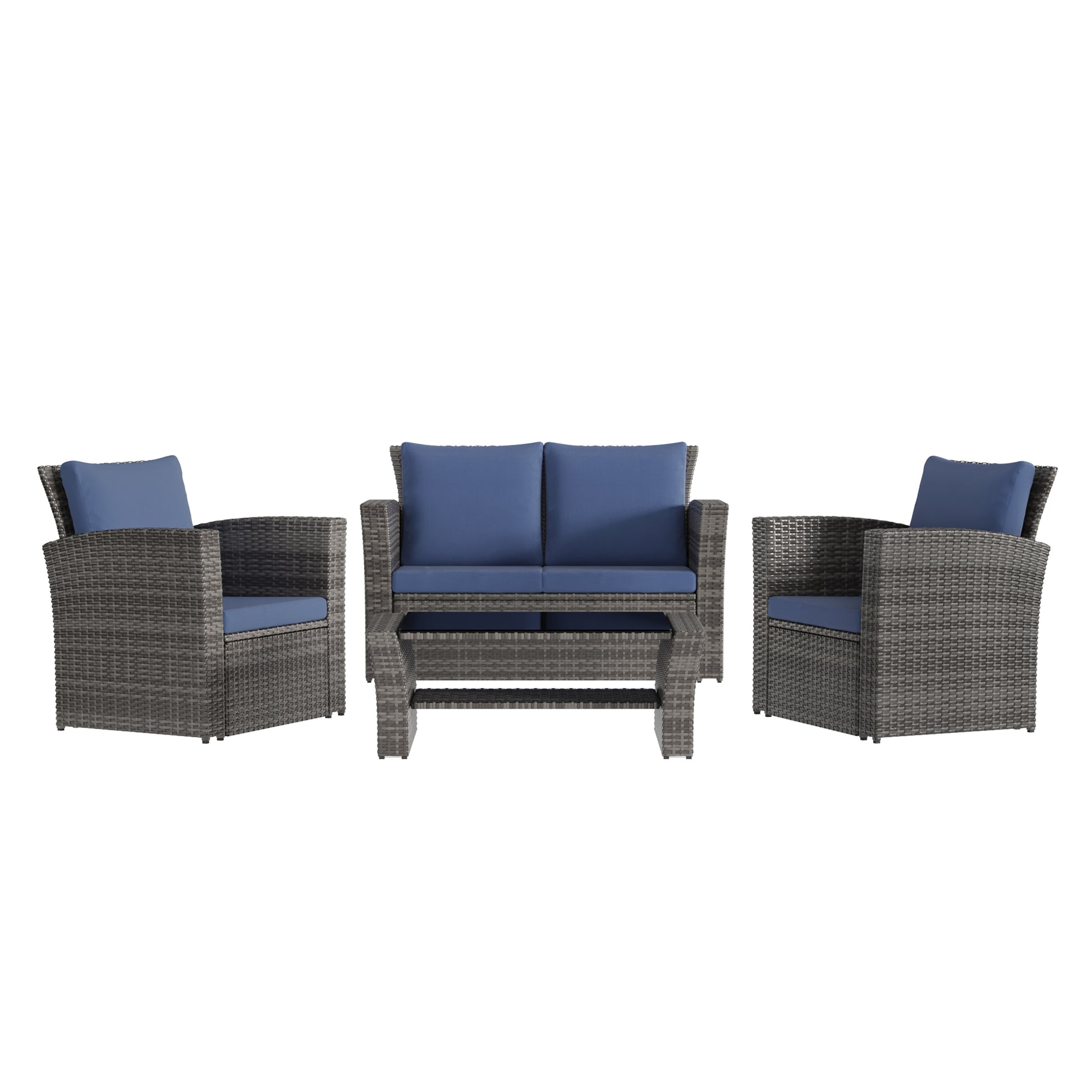 4 Piece Outdoor Patio Furniture Set, Outdoor Sectional Sofa With Tempered Glass Coffee Table And Cushions, Wicker Rattan Patio Set Blue Rattan Fabric