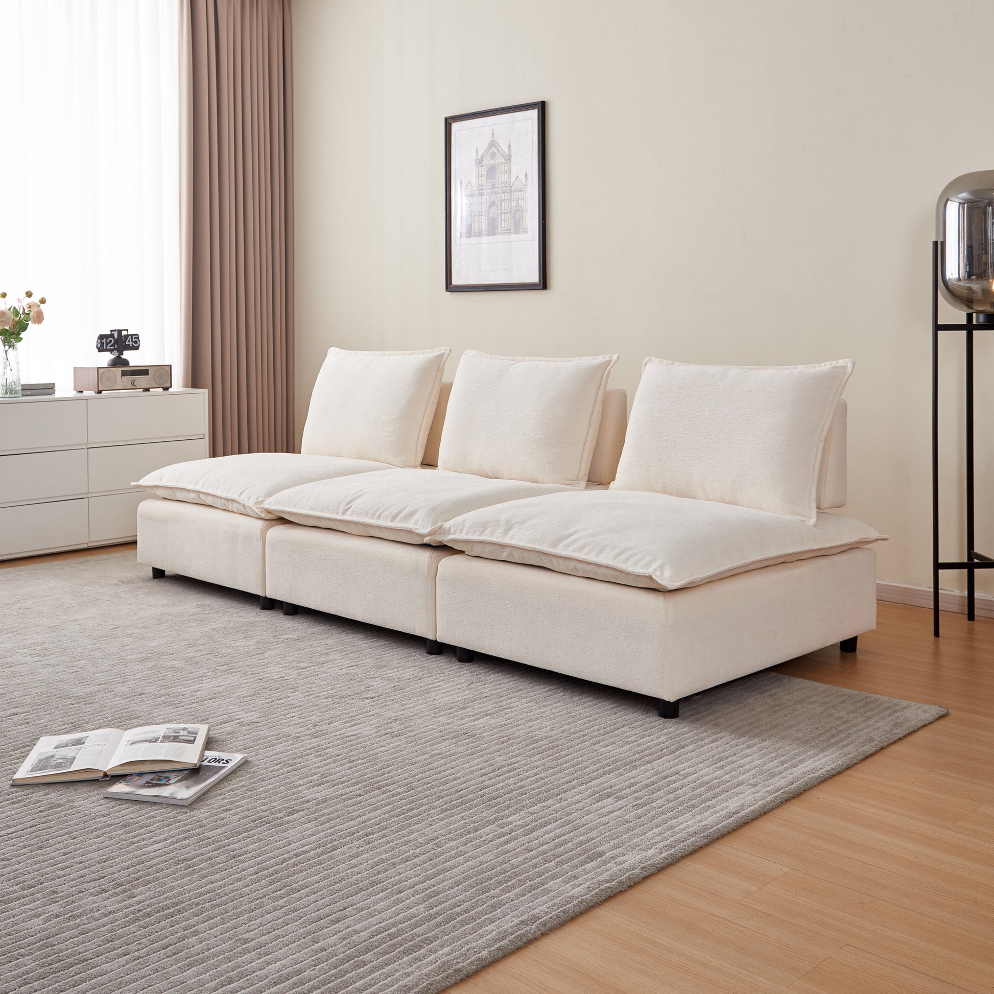 Modern Armless L Shaped Sectional Sofa Couch With Ottoman Modular Design, Durable Construction, Easy Care Upholstery For Living Room, Apartment, Office, Small Space Beige Foam Chenille 4 Seat