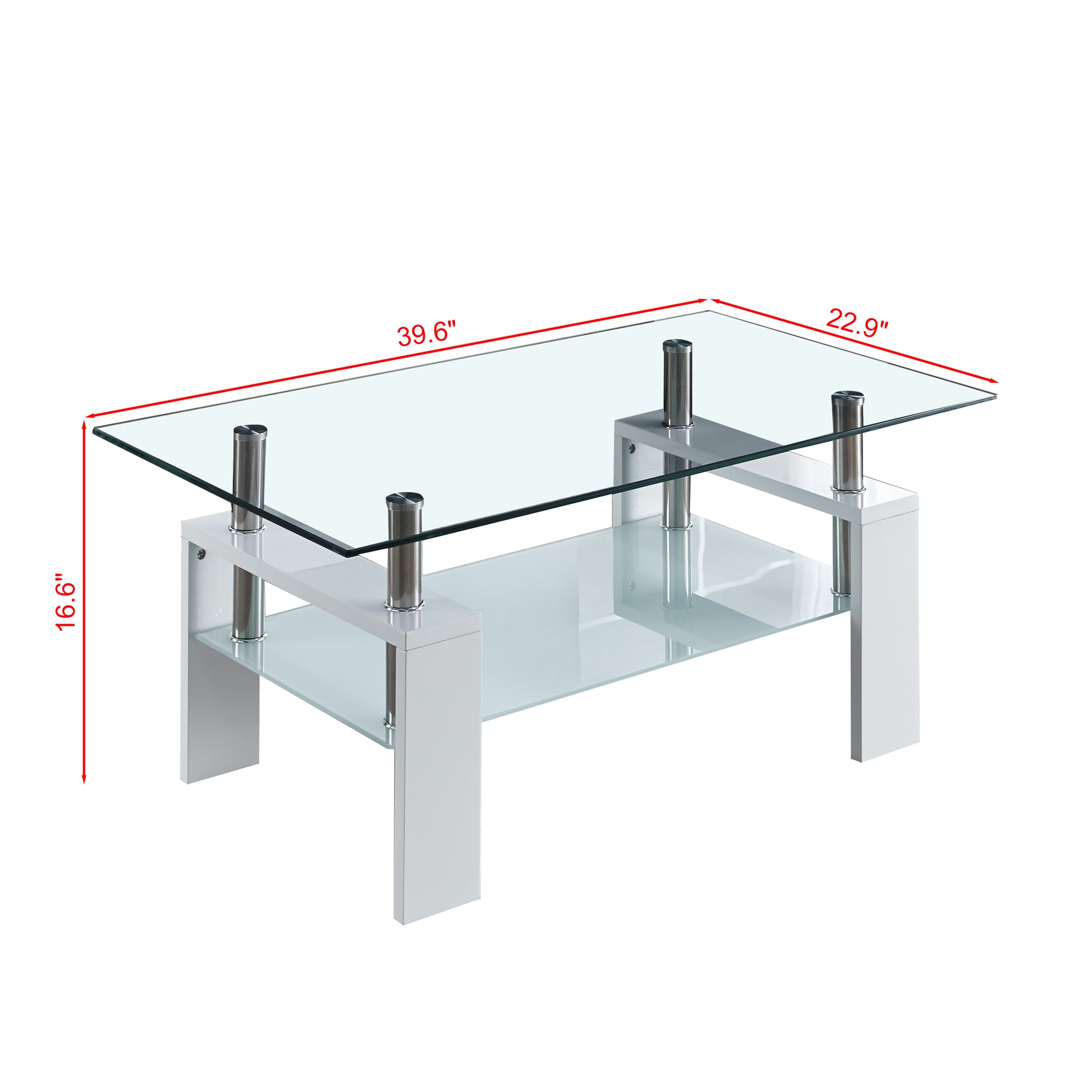 Artisan Center Coffee Table, Tempered Glass Top Stainless Steel Legs For Living Room, White White Mdf