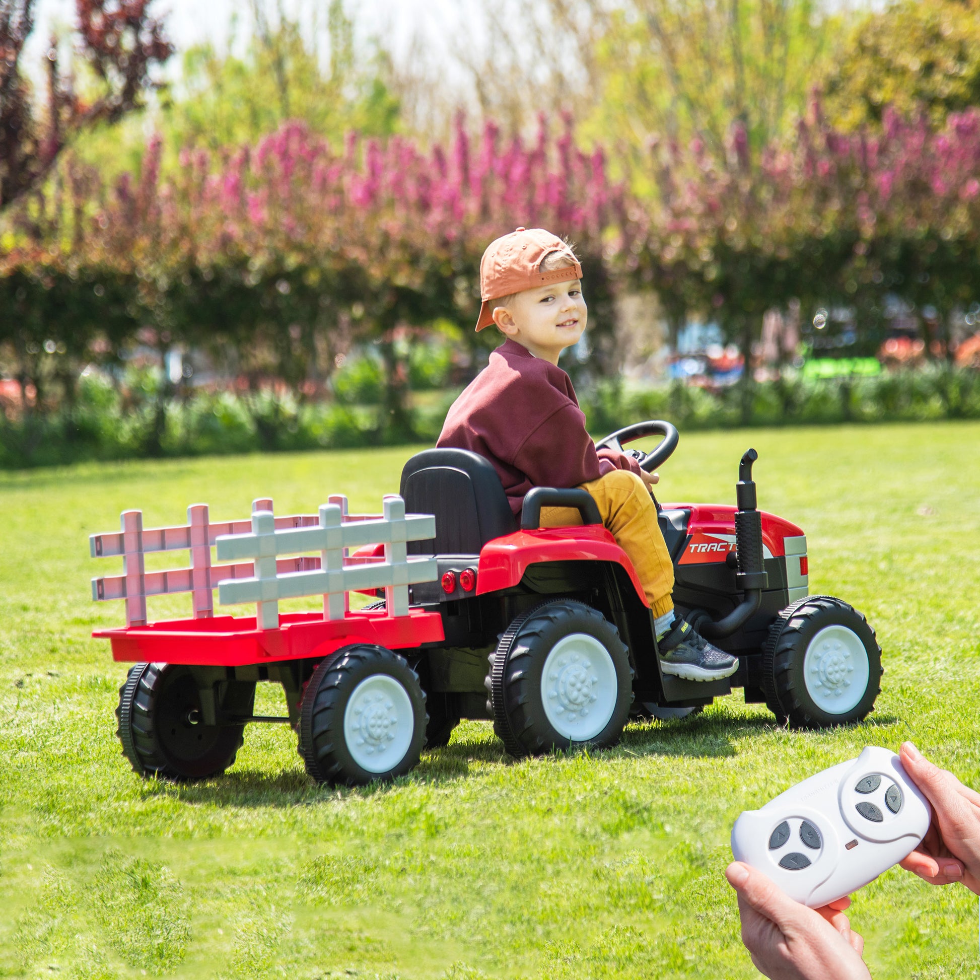 Red, 12V7Ah Battery Powered Toy Tractor With Trailer, Remote Control, Kids' Electric Excavator Vehicles With 2X35W Dual Motor, Treaded Tires, Led Lights, Usb, Music, Gifts For Boy, Girl Red 50 99 Lbs Iron Plastic Iron Plastic Indoor & Outdoor Use