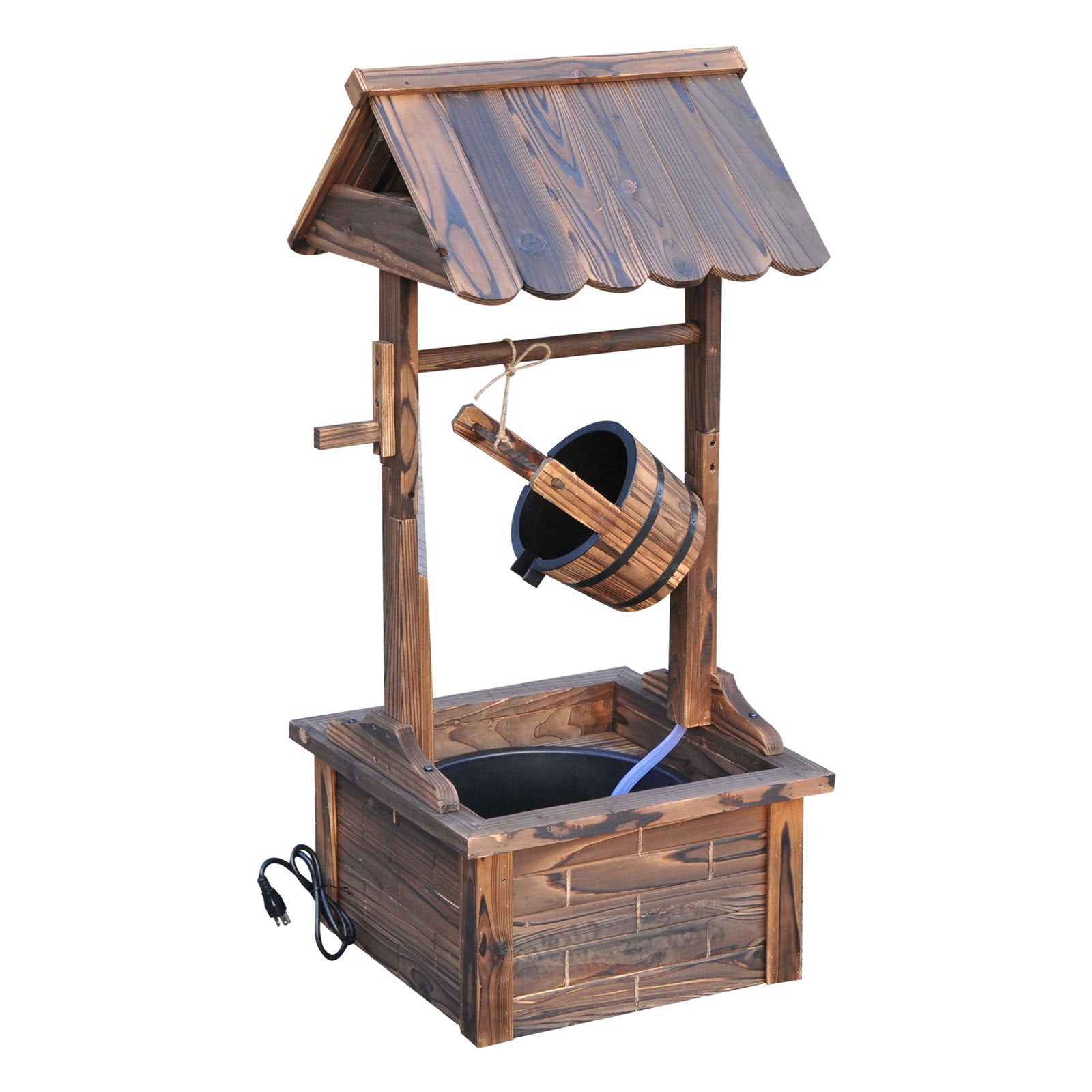 Outsunny Outdoor Wooden Wishing Well Fountain With Adjustable Water Flow Rate, Outdoor Rustic Waterfall Fountain With Electric Pump, Water Bucket, For Backyard Patio Garden Lawn, Carbonized Finish Brown Polypropylene
