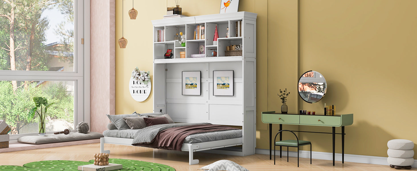 Queen Size Murphy Bed Wall Bed With Top Shelves & Usb,White Queen White Plywood