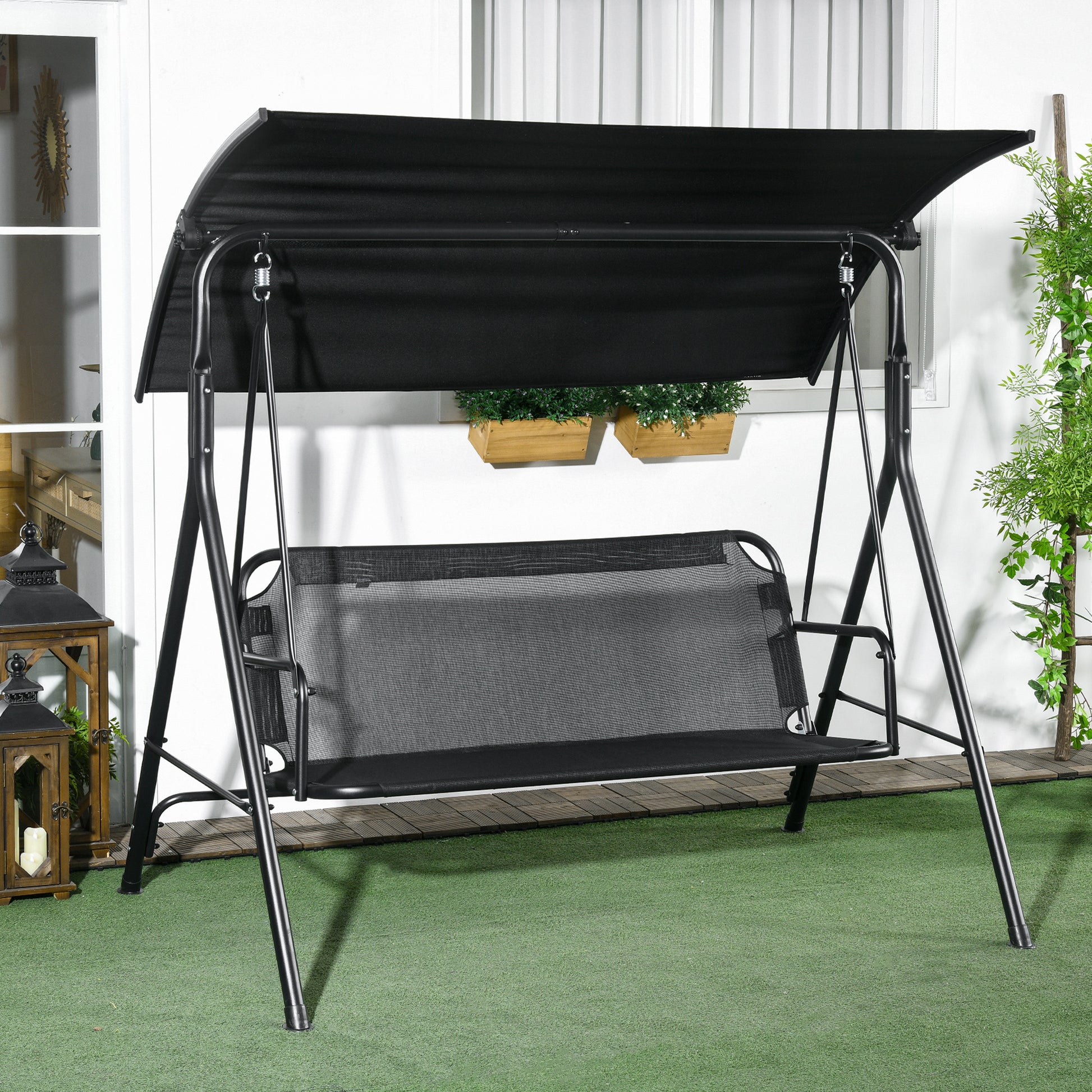 Outsunny 3 Seat Outdoor Patio Swing Chair With Removable Cushion, Steel Frame Stand And Adjustable Tilt Canopy For Patio, Garden, Poolside, Balcony, Backyard, Black 1 Black Steel