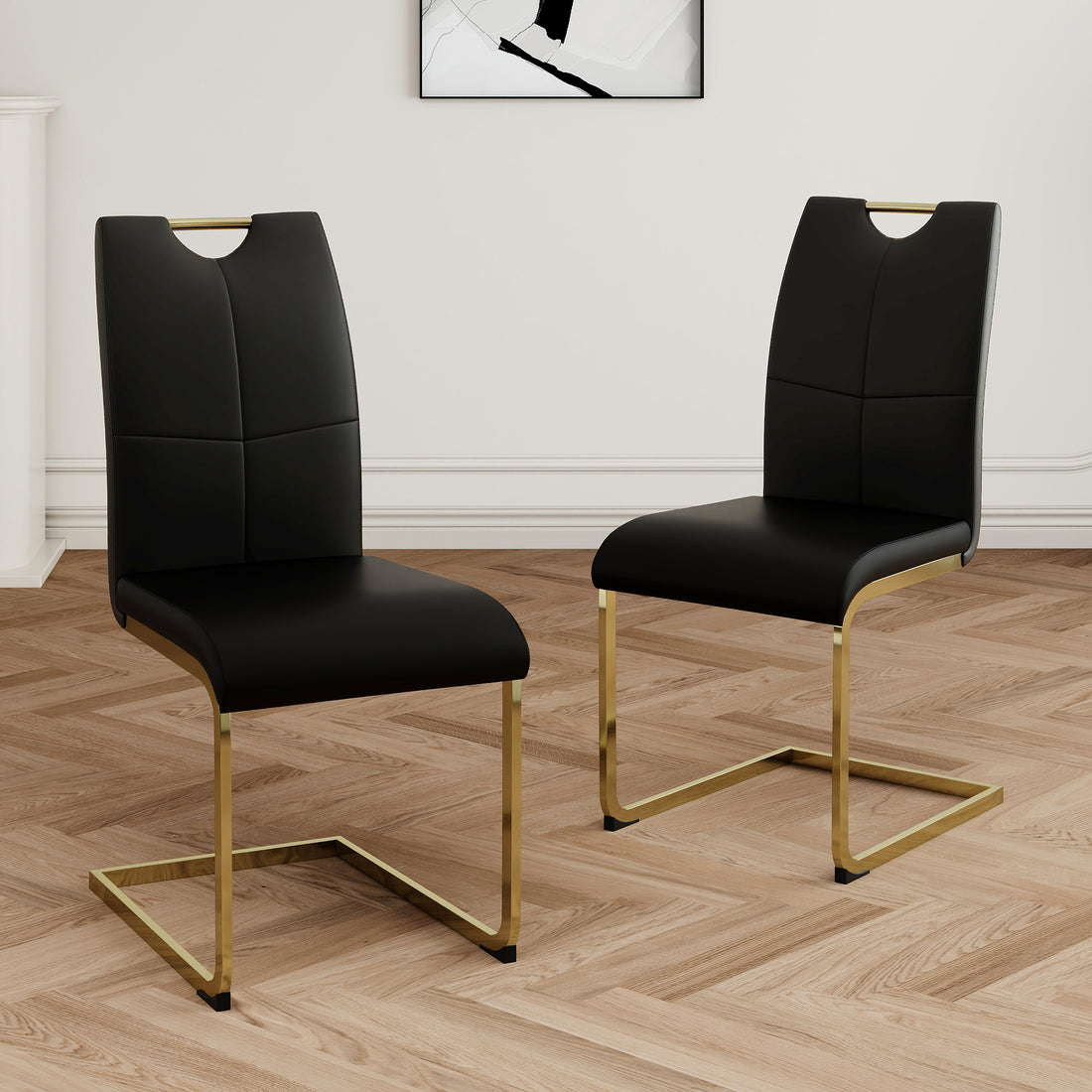 Modern Dining Chairs With Faux Leather Padded Seat Dining Living Room Chairs Upholstered Chair With Gold Metal Legs Design For Kitchen, Living, Bedroom, Dining Room Side Chairs Set Of 2 Black Gold Metal