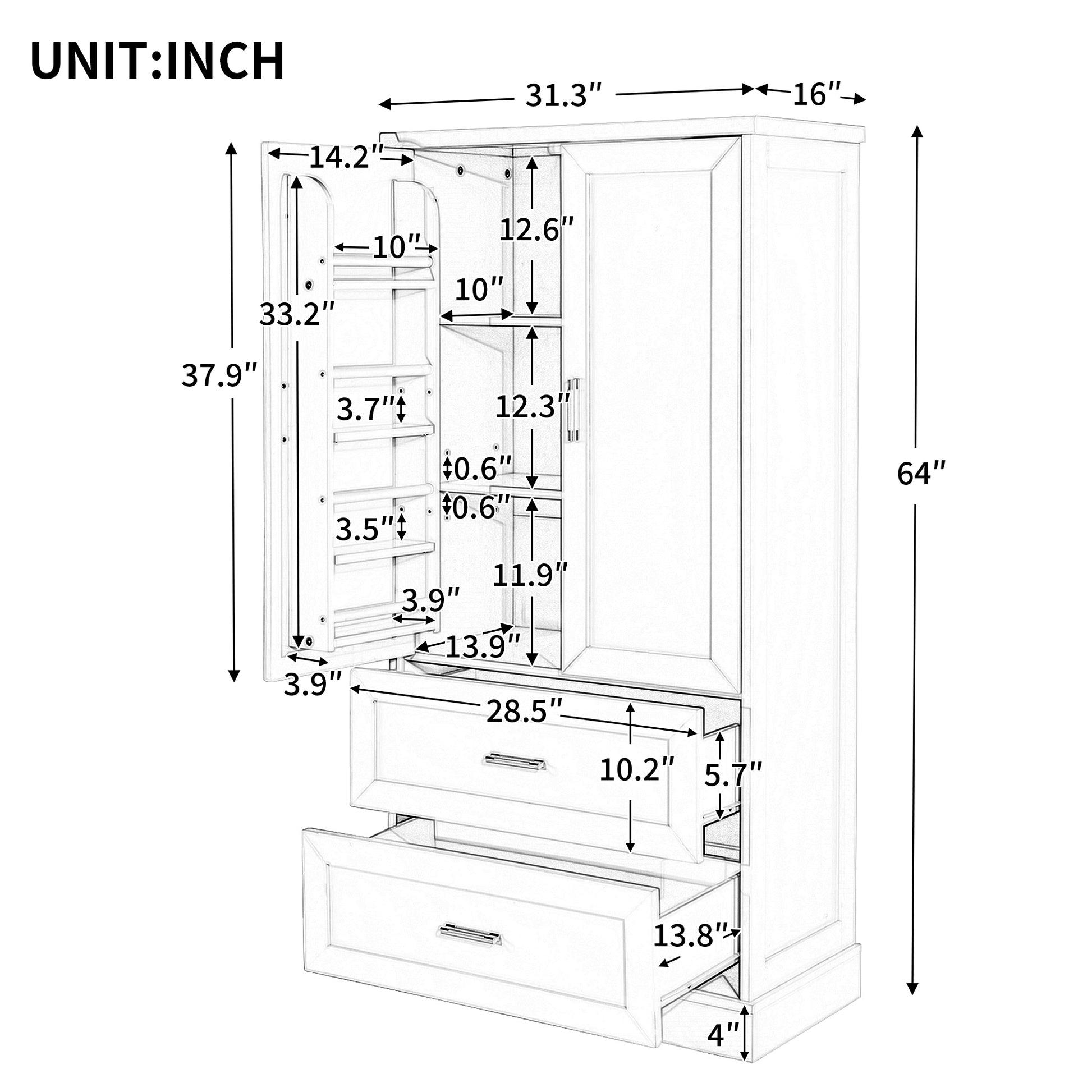 Tall Bathroom Storage Cabinet, Cabinet With Two Doors And Drawers, Adjustable Shelf, Mdf Board, White White Mdf