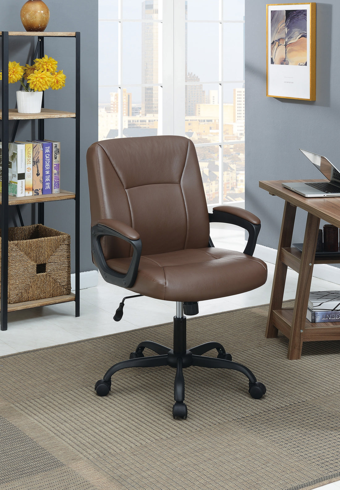 Adjustable Height Office Chair With Padded Armrests, Brown Caster Solid Brown Office Office Chairs Solid Back Adjustable Height Pu