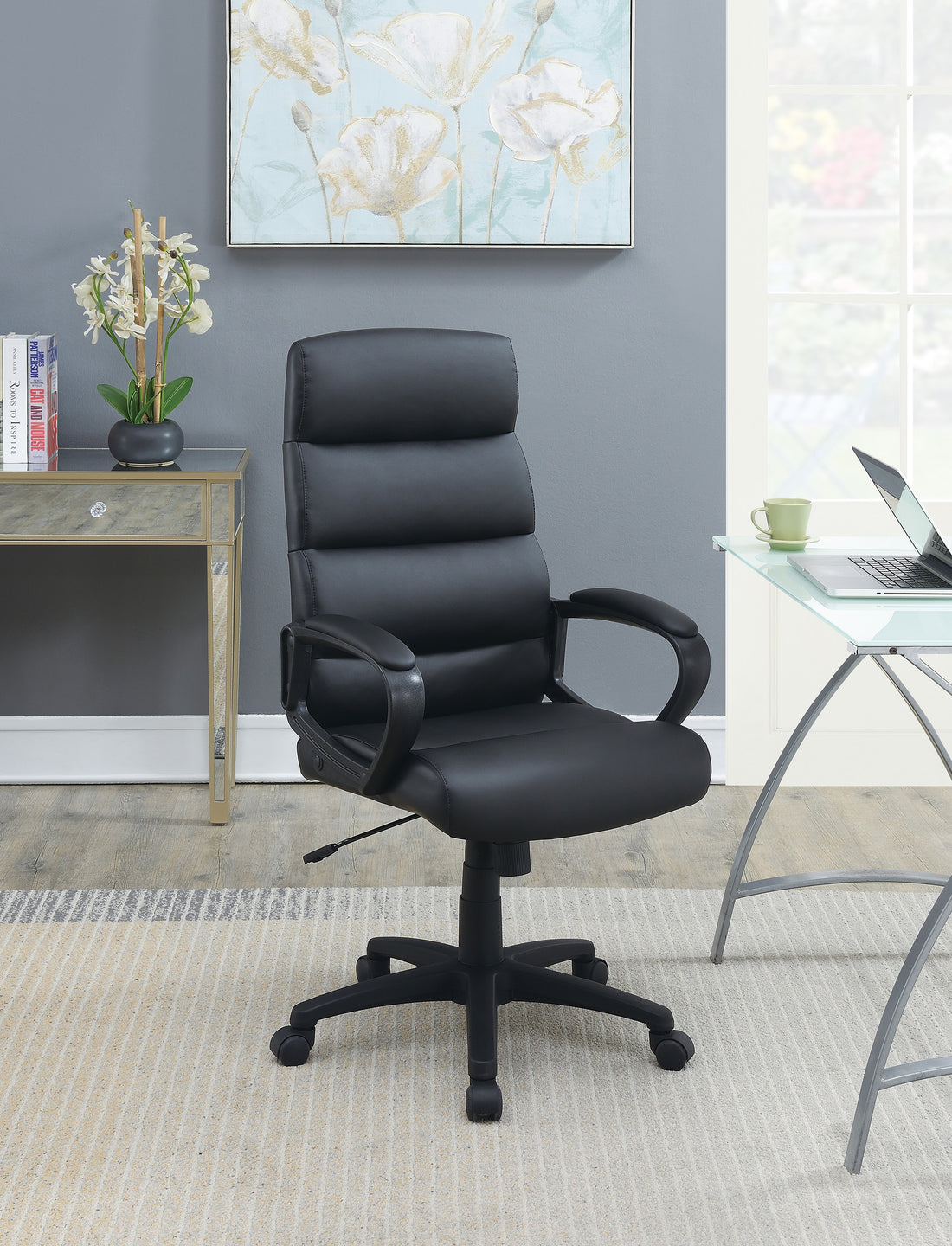 High Back Adjustable Height Office Chair In Black Caster Solid Black Office Office Chairs Solid Back Adjustable Height Pu