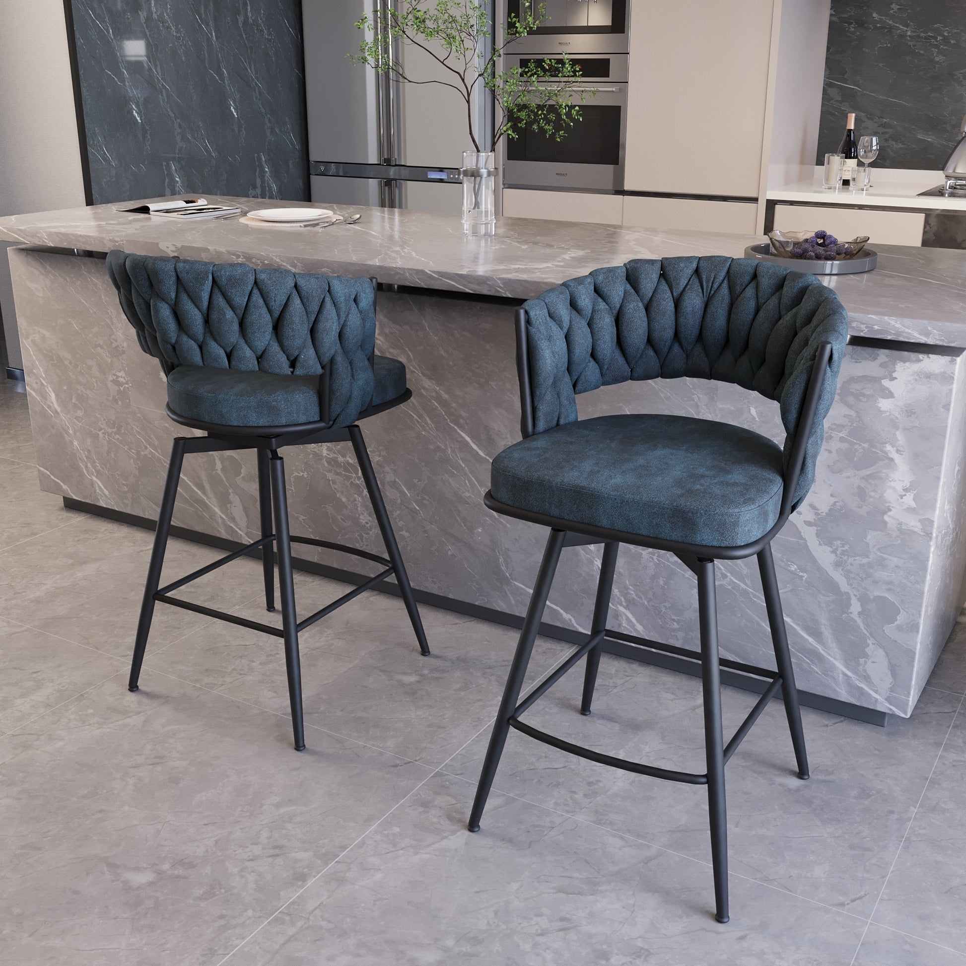 Bar Chair Suede Woven Bar Stool Set Of 2,Black Legs Barstools No Adjustable Kitchen Island Chairs,360 Swivel Bar Stools Upholstered Bar Chair Counter Stool Arm Chairs With Back Footrest, Blue Metal Blue Kitchen Dining Chairs Foam Technical Leather
