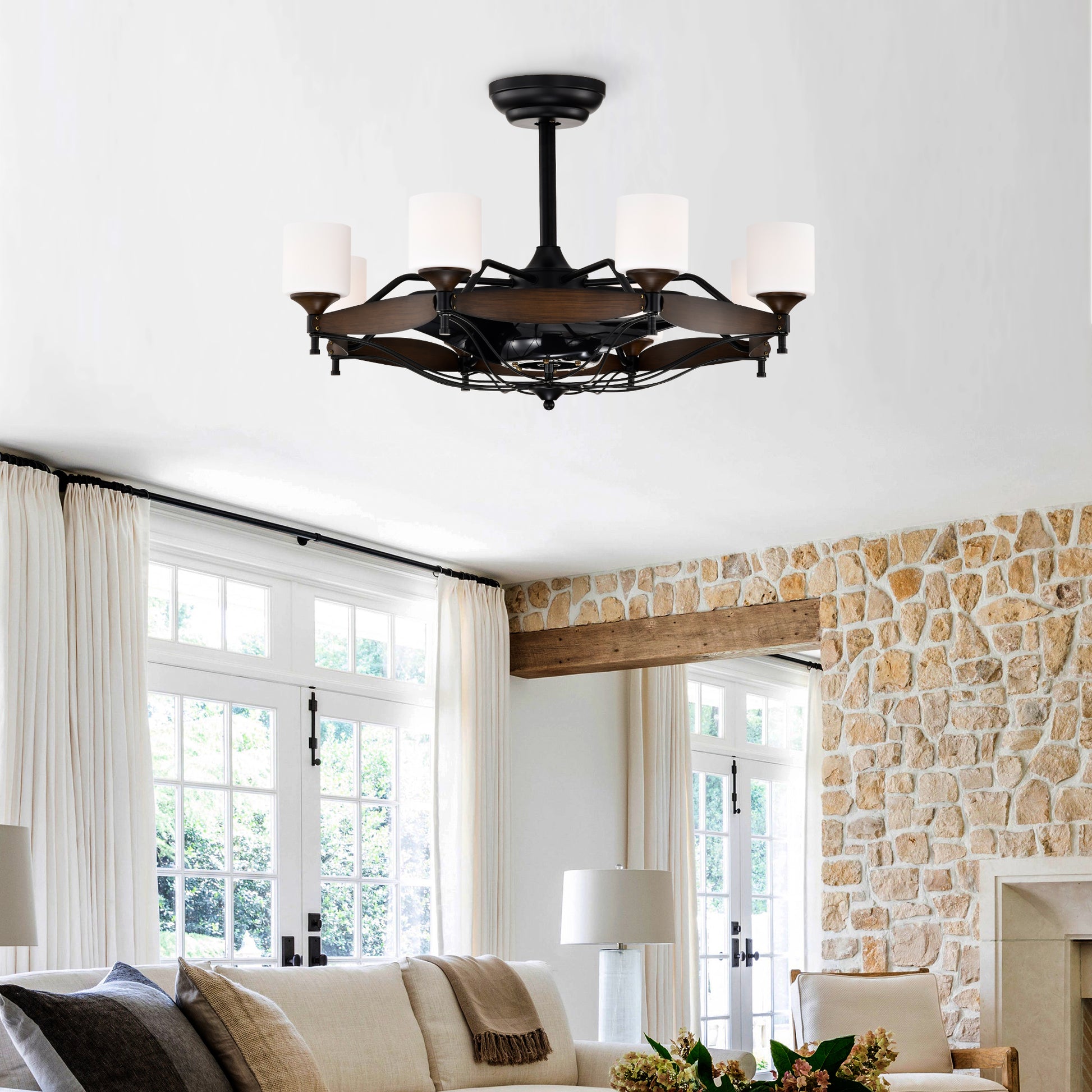 Dia 33 Inch Chandelier Ceiling Fan With Remote Control,Dc Motor ,6 Speed,3 Abs Blades For Bedroom Dining Room Living Room Kitchen Farmhouse Entry,Matte Black Red Wood Grain Wood American Design,American Traditional,Classic,Contemporary,Farmhouse Glass