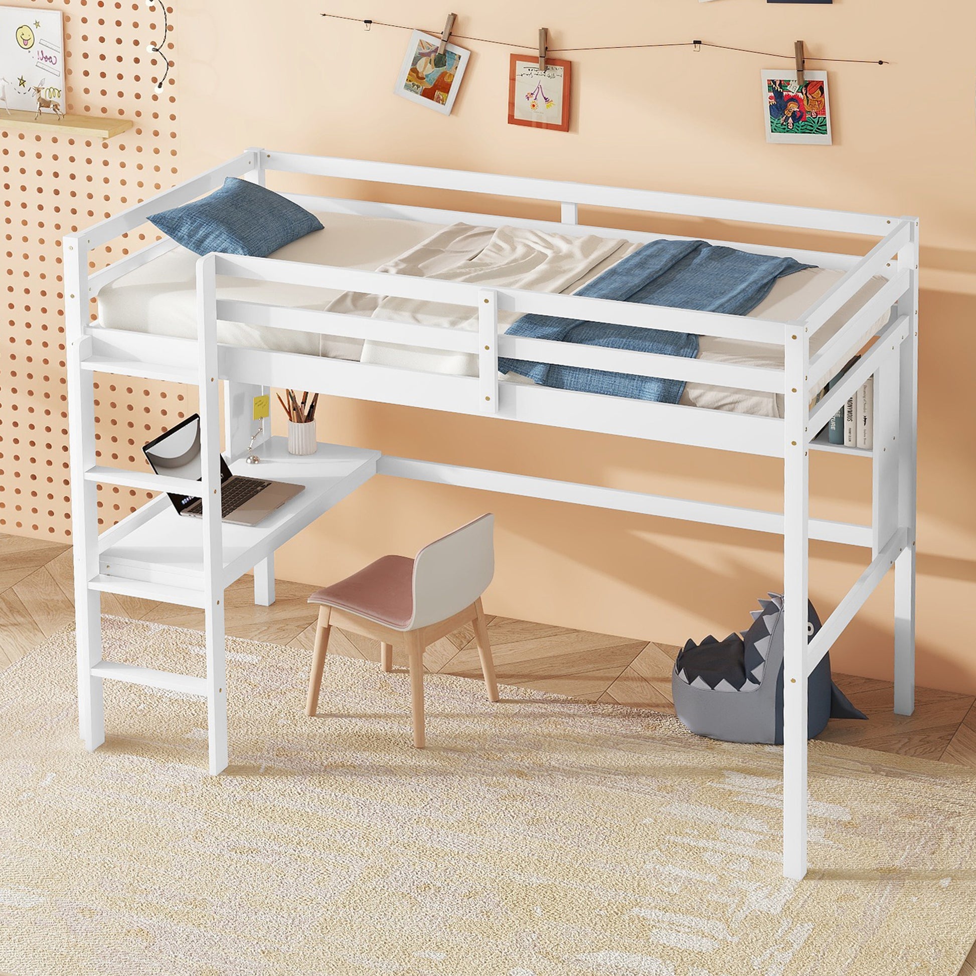 Twin Loft Bed With Built In Desk And Bookcase Of Three Compartments, Guardrails And Ladder,White Twin White Pine