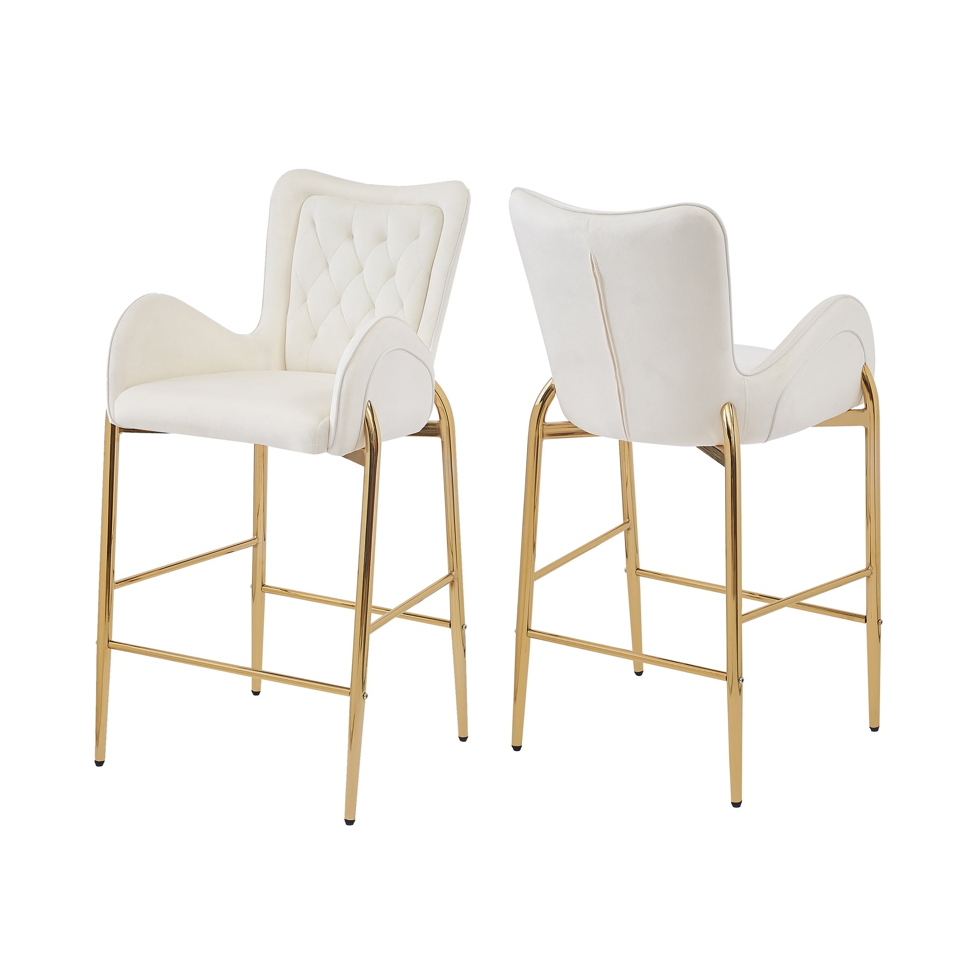 28.75Inch Counter Height Bar Stools Set Of 2, Bar Height Arm Chairs, Velvet Fabric Stools With Golden Legs And Footrests, White Solid Kitchen Tufted Back Set Of 2 Wood White Powder Coated Foam Spot