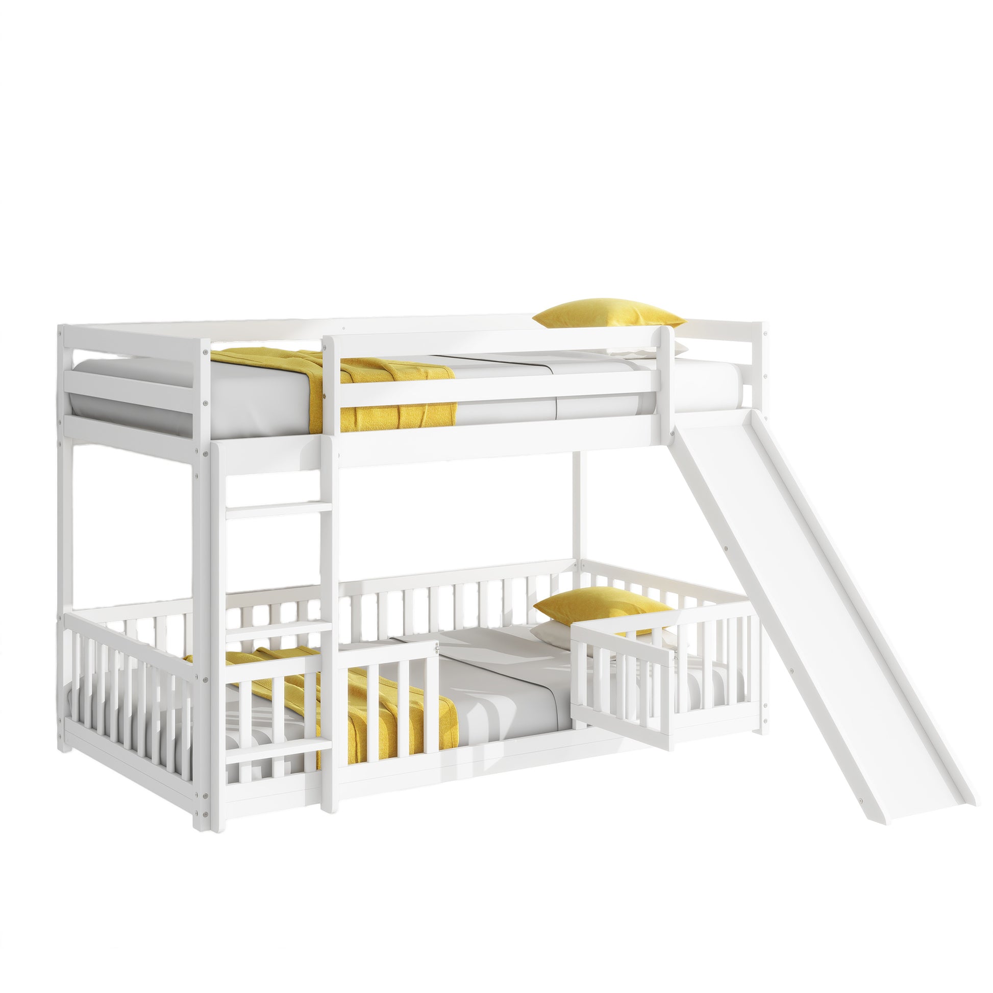 Twin Over Twin Floor Bunk Bed With Slide, Ladder, Door, Safety Guardrails, Solid Pine Wood Bunk Bed ,White Twin White Pine