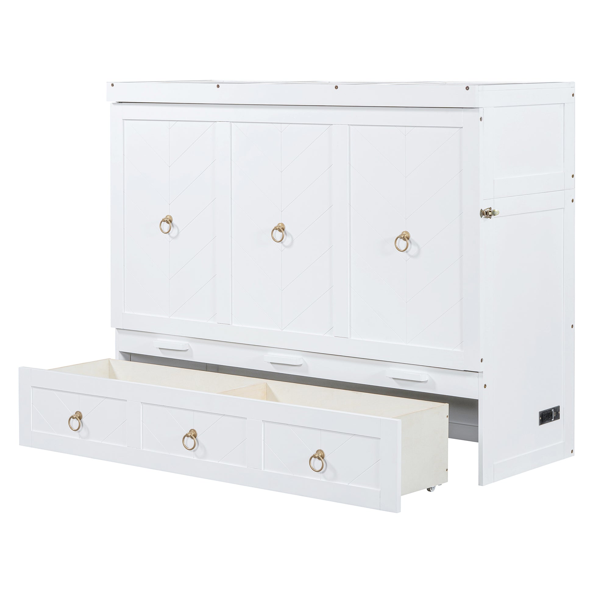 Queen Size Murphy Bed With Usb Port And A Large Drawer, White Queen White Solid Wood Mdf