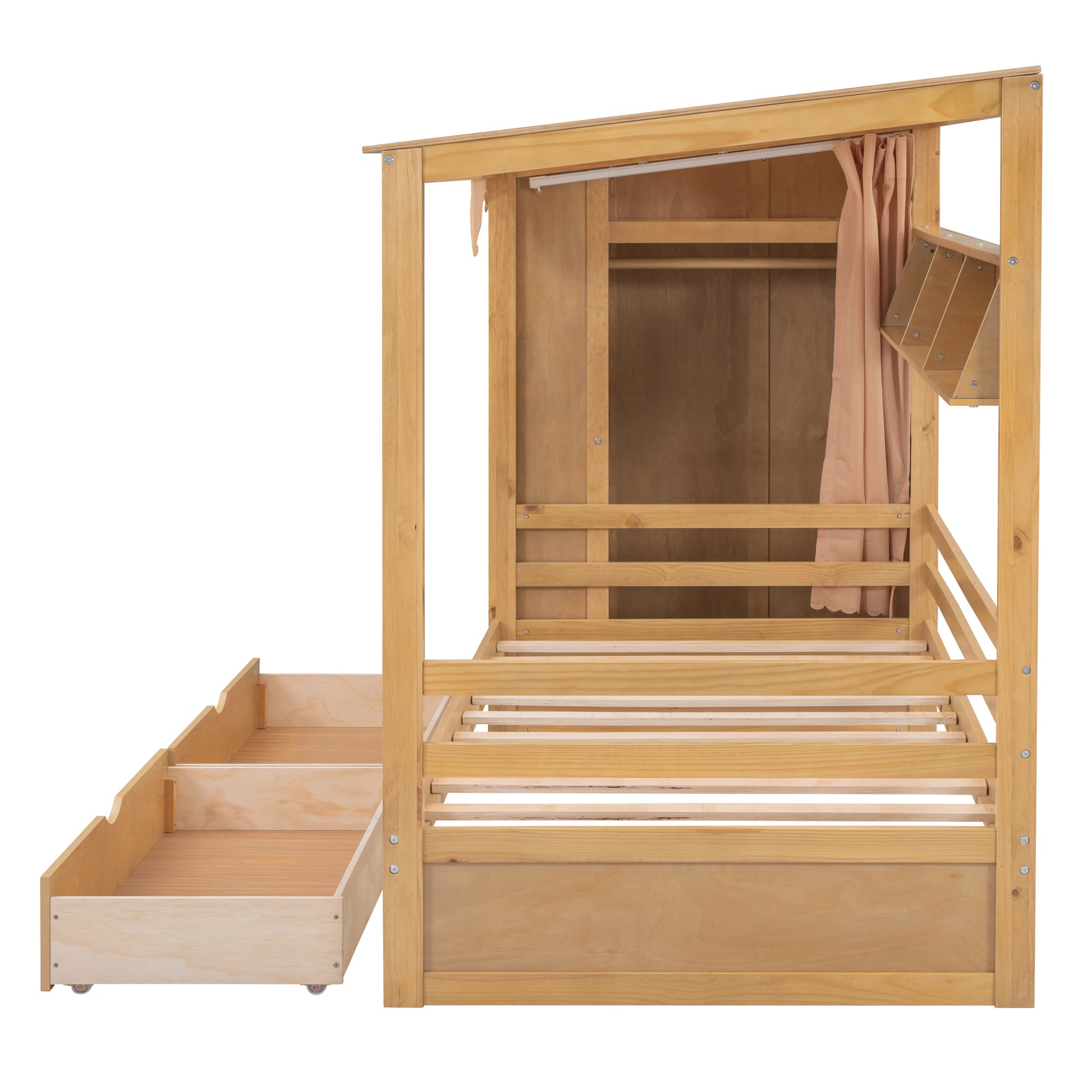 Twin Size House Bed With Two Drawers And Wardrobe,Natural Twin Natural Solid Wood