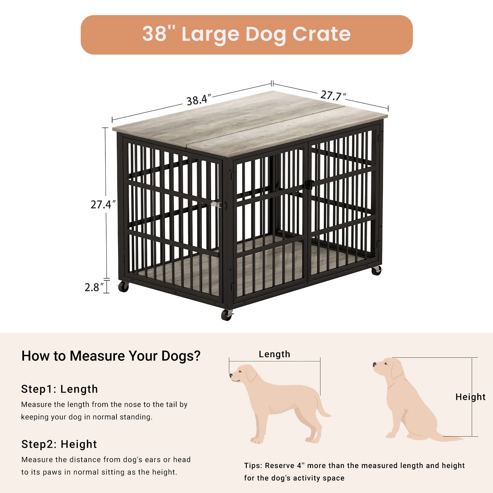 Furniture Style Dog Crate Wrought Iron Frame Door With Side Openings, Grey, 38.4''W X 27.7''D X 30.2''H. Grey Particle Board