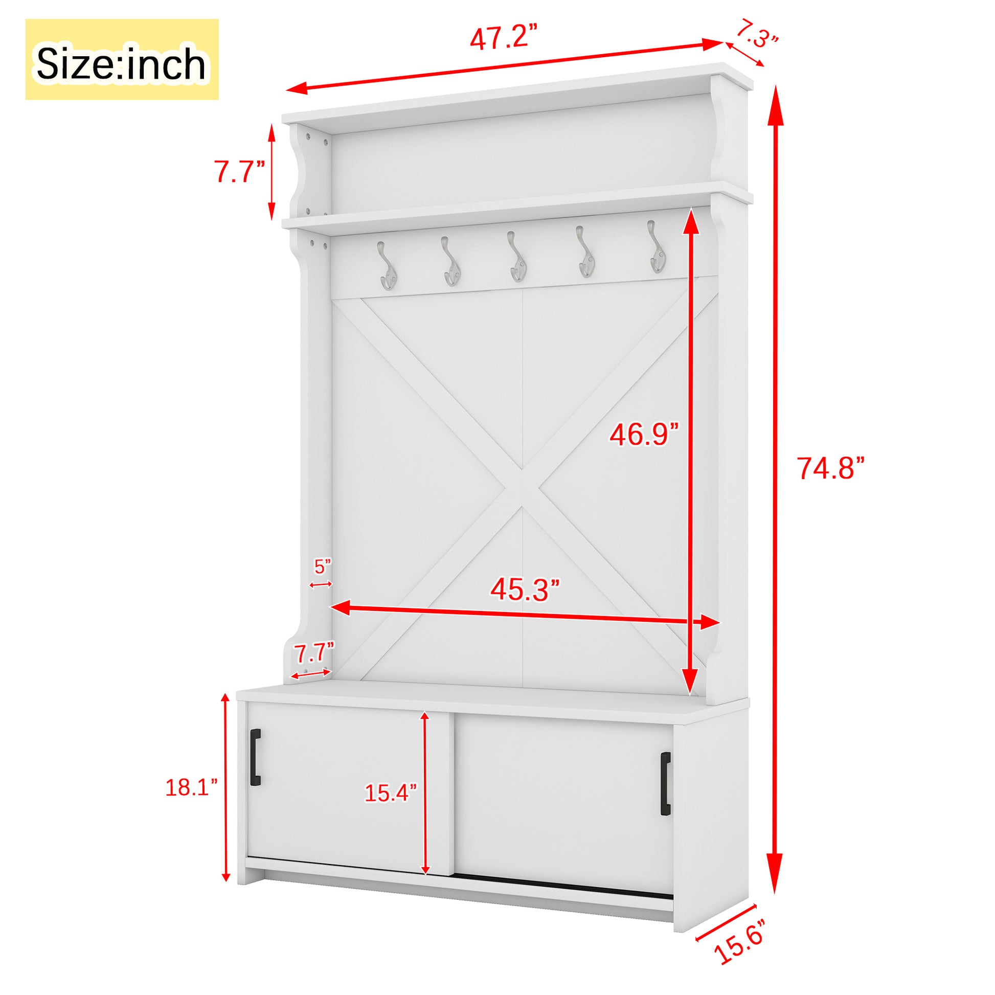 Hall Tree With Top Shelf And Storage Bench, Hallway Shoe Cabinet With Sliding Doors, Coat Rack With 5 Hanging Hooks For Entryways Hallways,White Off White Particle Board Mdf