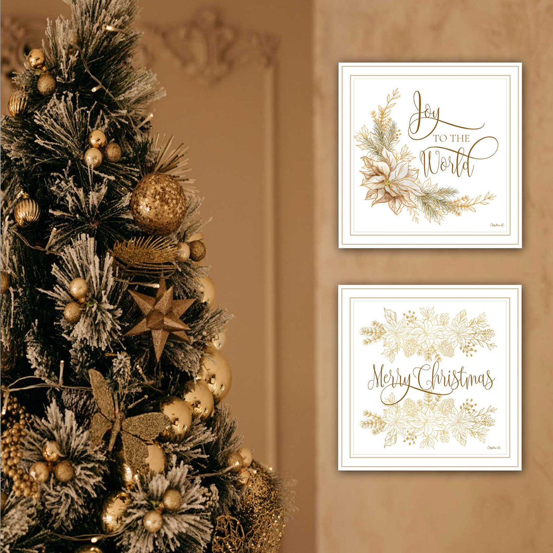 2 Piece Vignette Golden Merry Christmas White Framed Wall Art For Living Room, Bedroom Wall Art Print For Home Decor By Mollie B Multicolor Wood Paper