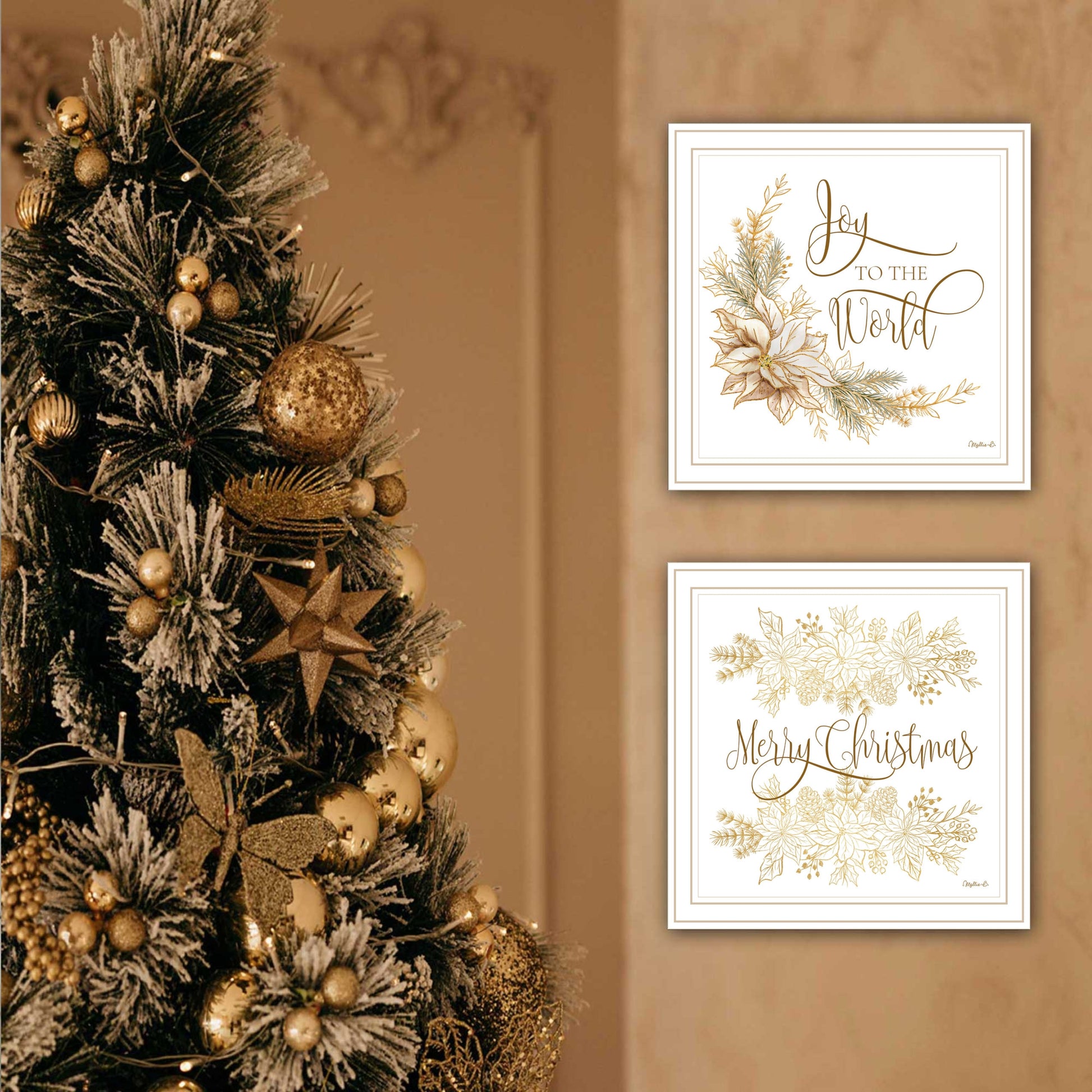 2 Piece Vignette Golden Merry Christmas White Framed Wall Art For Living Room, Bedroom Wall Art Print For Home Decor By Mollie B Multicolor Wood Paper