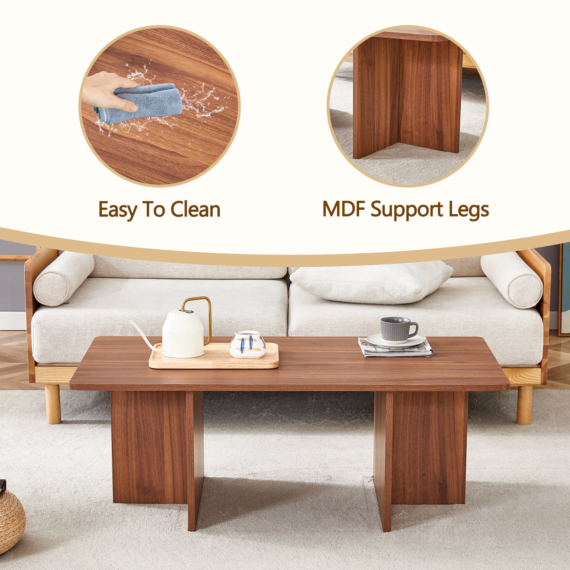 44.8 Inch Walnut Wood Grain Mdf Coffee Table Modern Luxury, Stable Triangular Support.The Coffee Table Is Made Of Medium Density Fiberboard Material And Is Suitable For Living Rooms, Bedrooms,Etc.