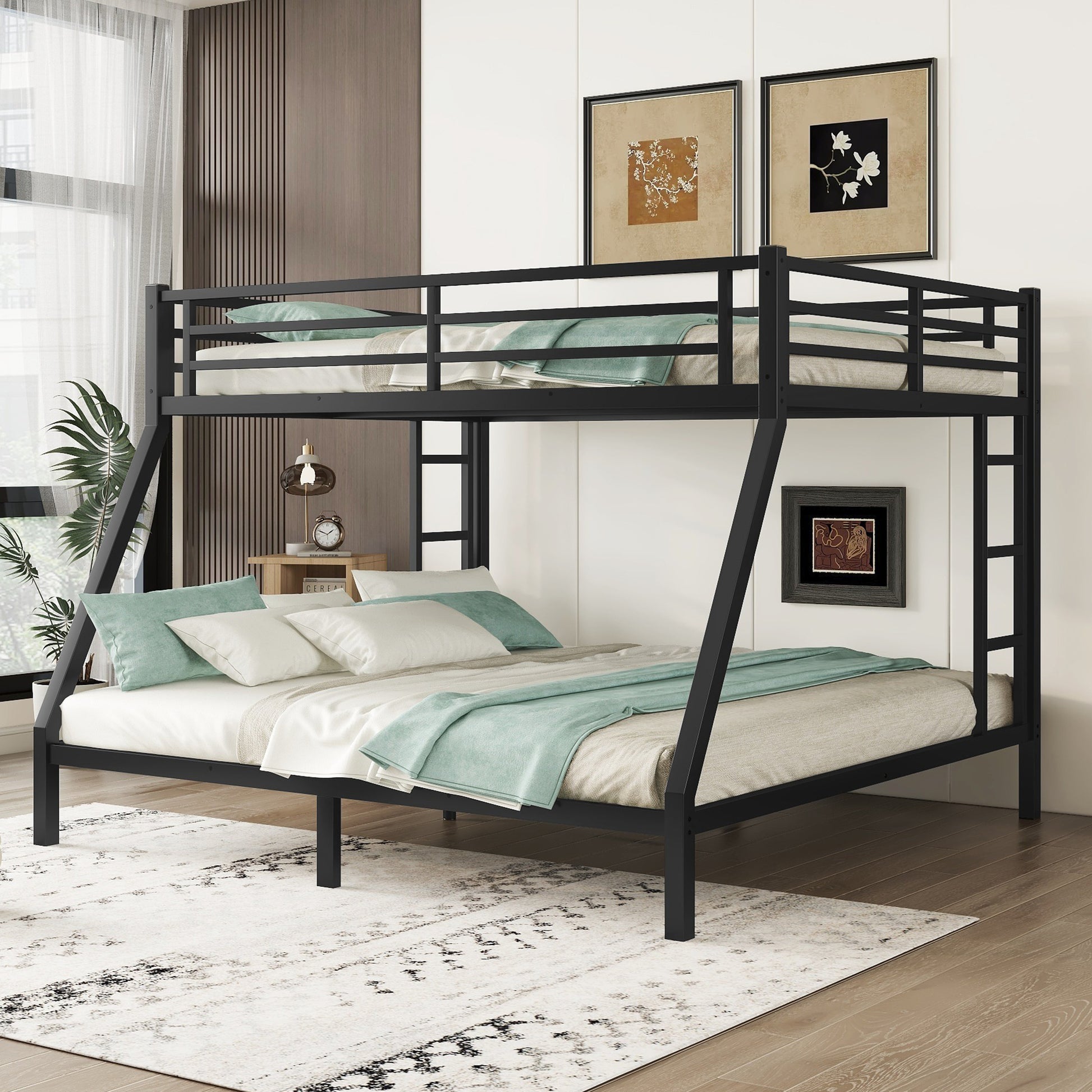 Metal Queen Over King Bunk Bed For Teens And Adults,Space Saving Noise Reduced No Box Spring Needed, Black Black Metal