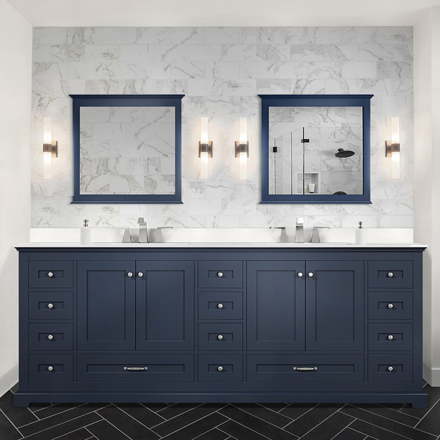 Navy Blue Double Bath Vanity 84 In. W X 22 In. D, With White Quartz Top Navy Blue Plywood Wood