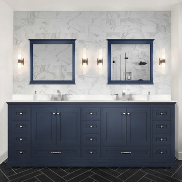 Navy Blue Double Bath Vanity 84 In. W X 22 In. D, With White Quartz Top Navy Blue Plywood Wood