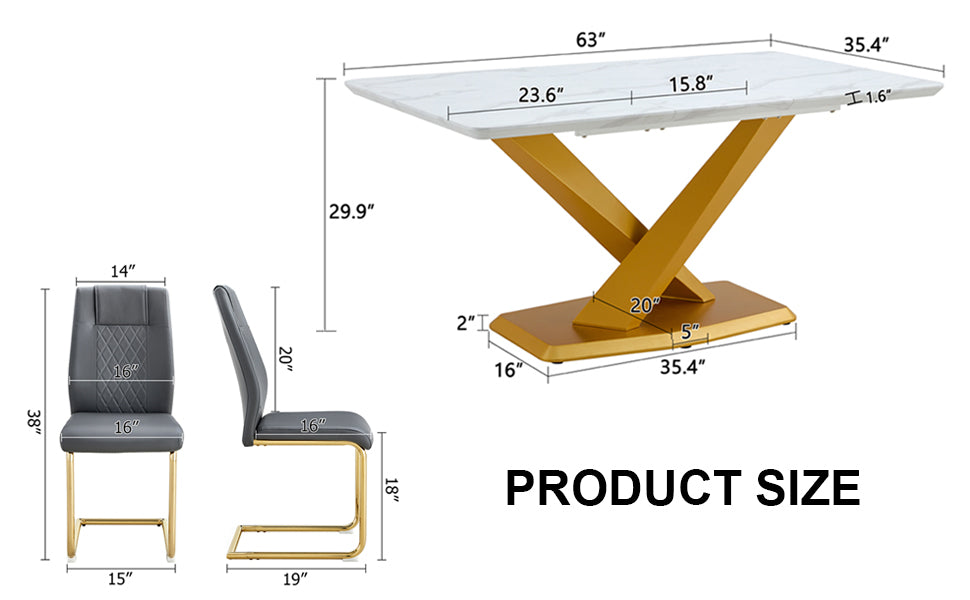 Table And Chair Set, The Table Is Equipped With A Marble Patterned Mdf Tabletop And Gold Table Legs.Dining Chairs,Gold Legged Upholstered Chairs Made Of Artificial Leather. Grey Gold Seats 6 Mdf