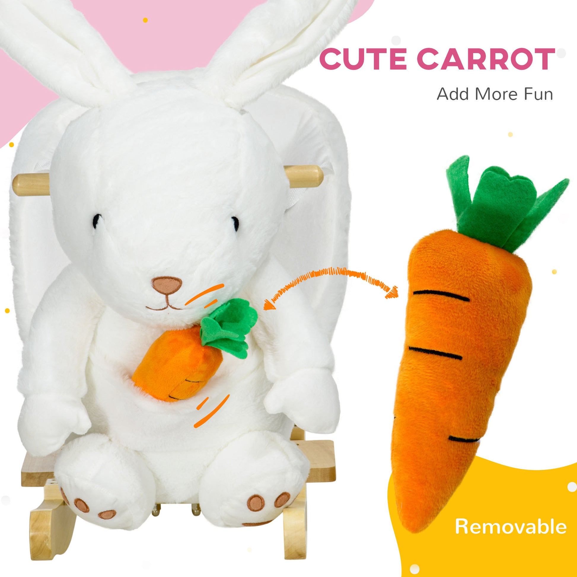 Qaba Baby Rocking Horse, Riding Horse, Bunny Rabbit Themed Rocker With Carrot Toy, Realistic Sound, & Pedals For Boy Girl Aged 18 36 Months, White White Plastic