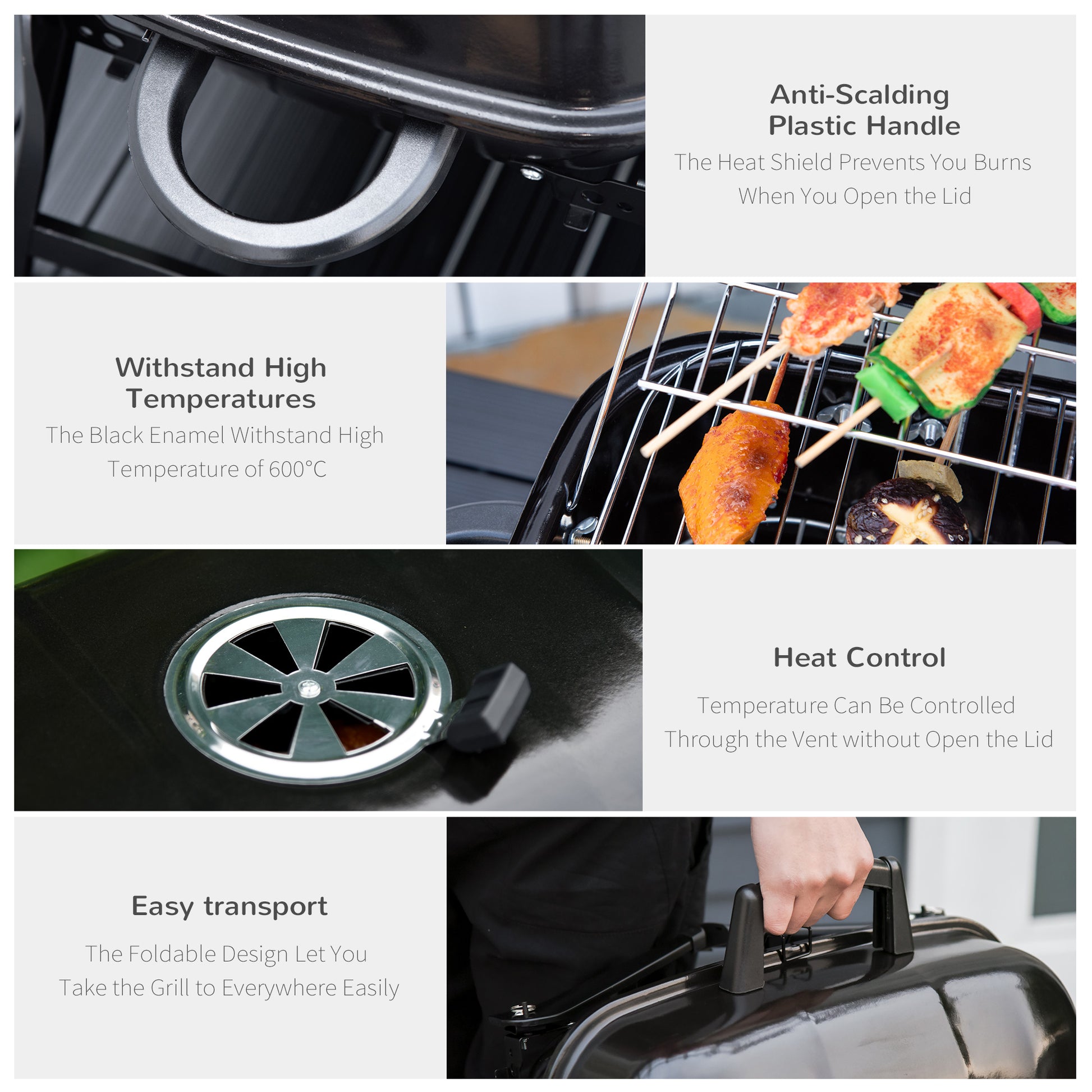 Outsunny 14" Portable Charcoal Grill, Tabletop Small Bbq Grill For Outdoor Cooking, Camping, Tailgating, Enamel Coated, Vent, Folding Legs, Black Black Iron